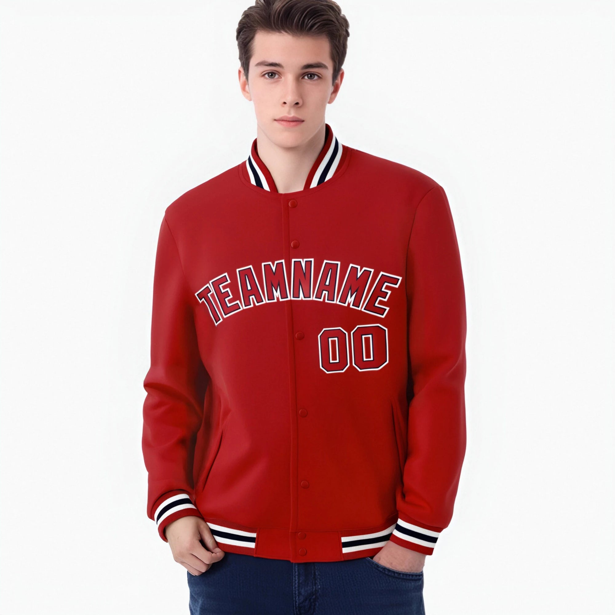 Custom Royal Red Burgundy-White Bomber Full-Snap Varsity Letterman Jacket