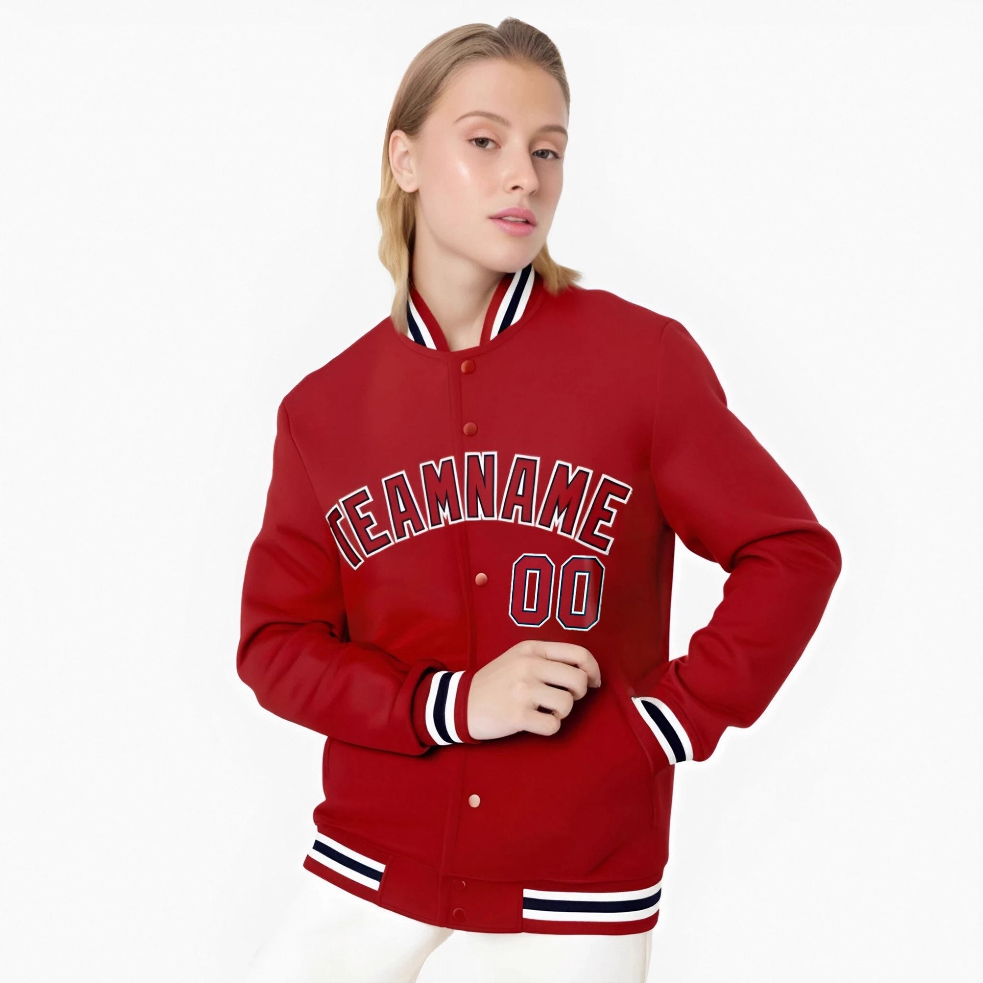 Custom Royal Red Burgundy-White Bomber Full-Snap Varsity Letterman Jacket