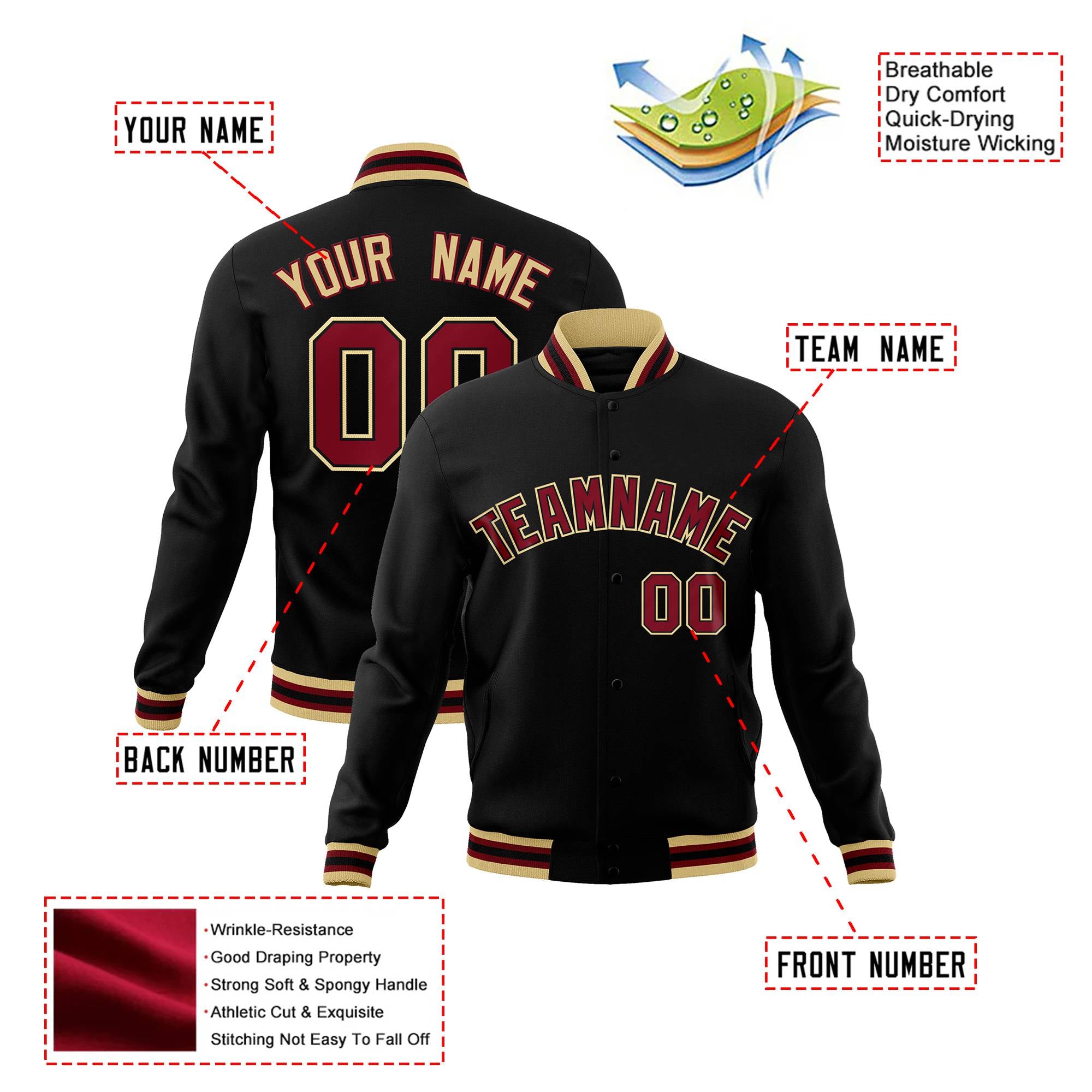 Custom Black Burgundy Old-Gold Bomber Full-Snap Varsity Letterman Jacket