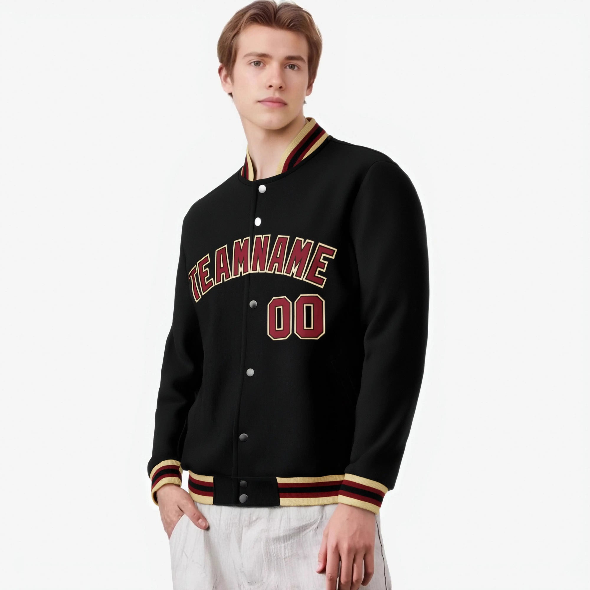 Custom Black Burgundy Old-Gold Bomber Full-Snap Varsity Letterman Jacket