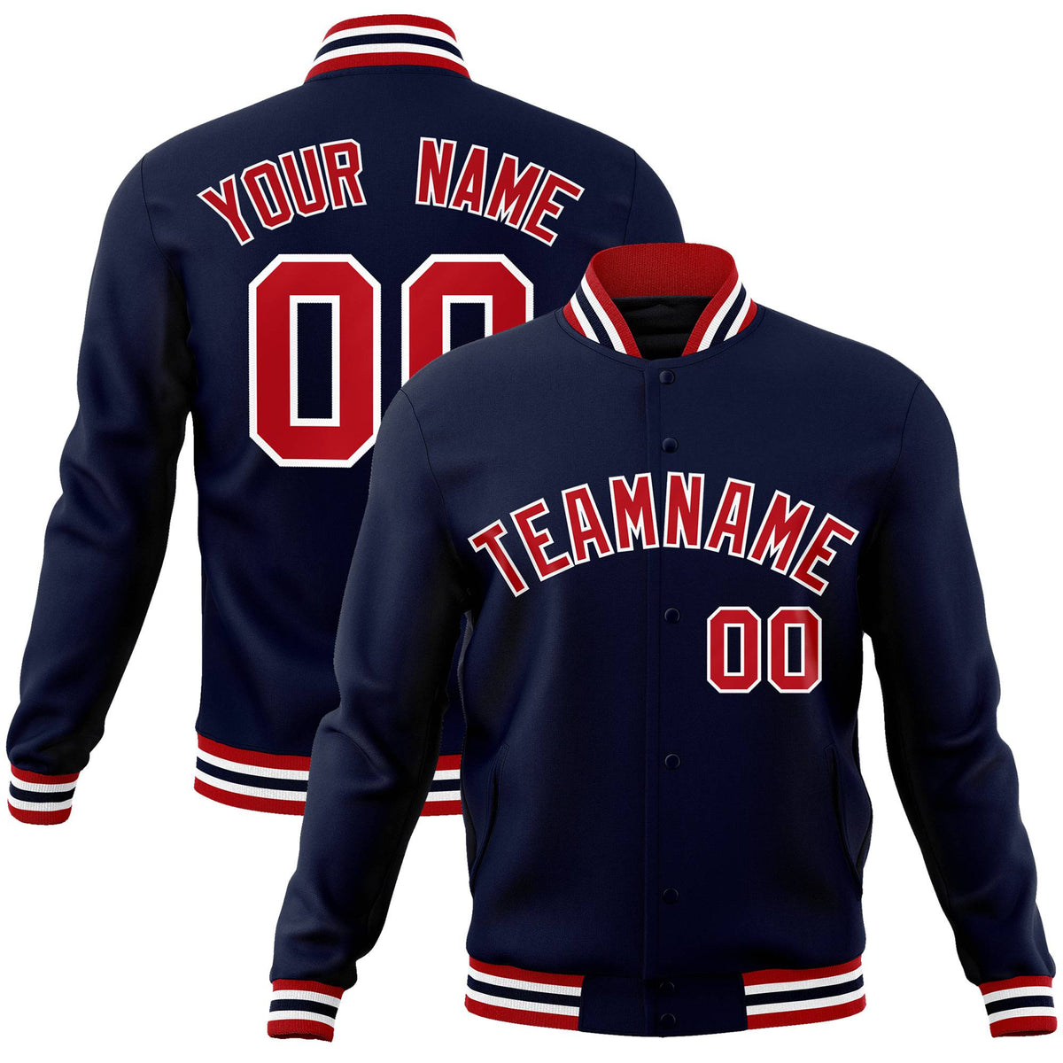 Custom Navy Red-White Bomber Full-Snap Varsity Letterman Jacket
