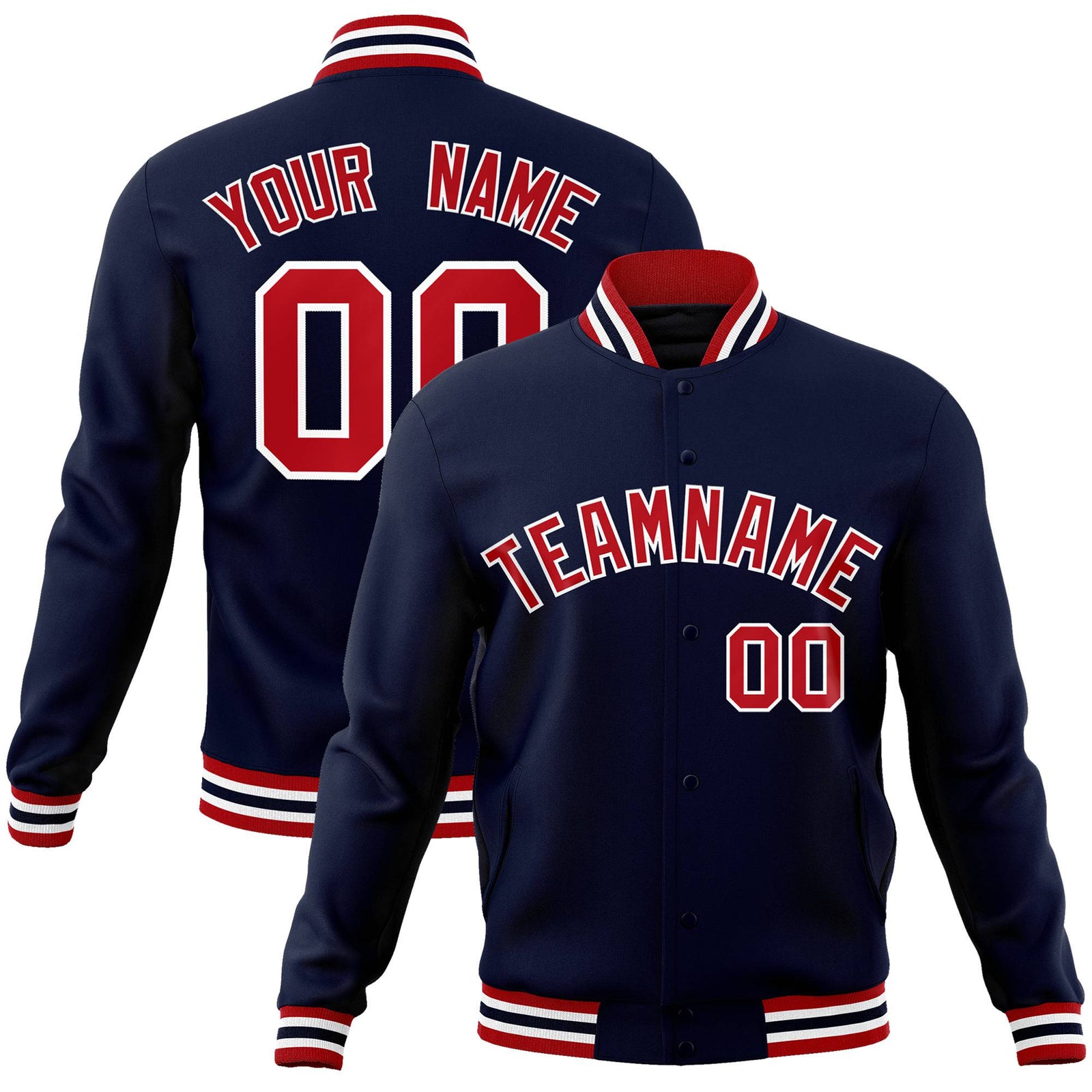 Custom Navy Red-White Bomber Full-Snap Varsity Letterman Jacket