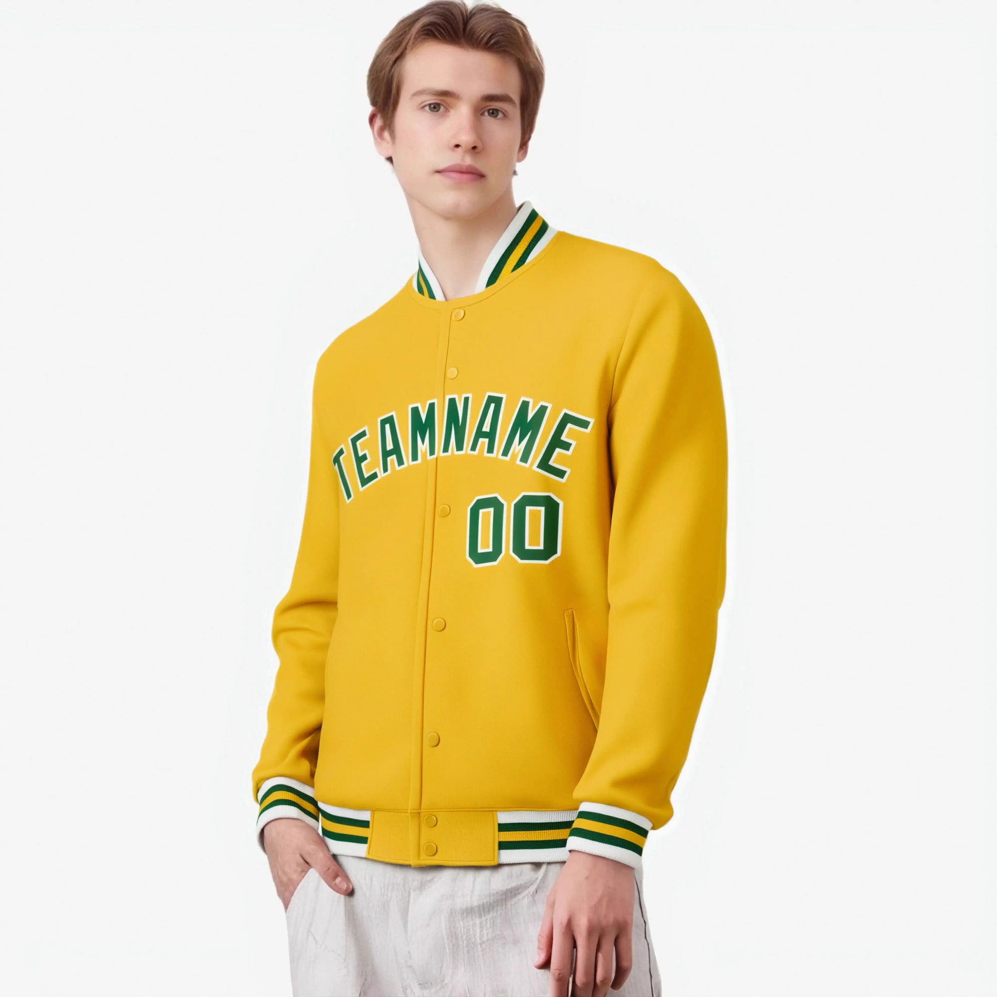 Custom Gold Kelly-Green White Bomber Full-Snap Varsity Letterman Jacket