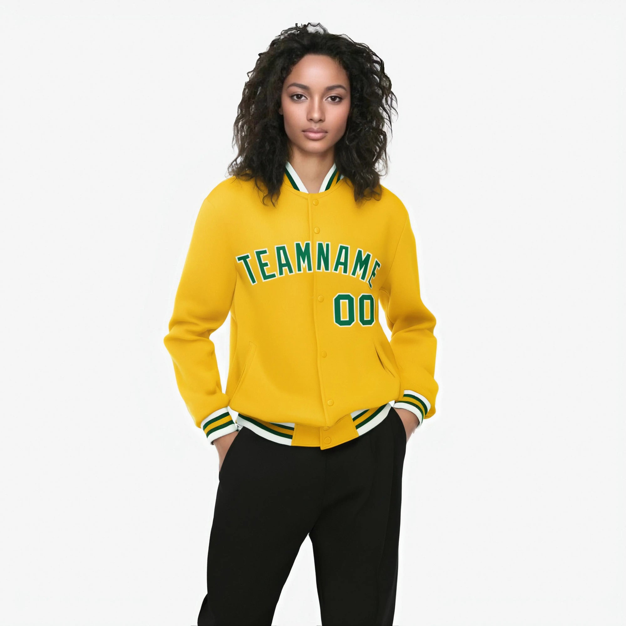 Custom Gold Kelly-Green White Bomber Full-Snap Varsity Letterman Jacket