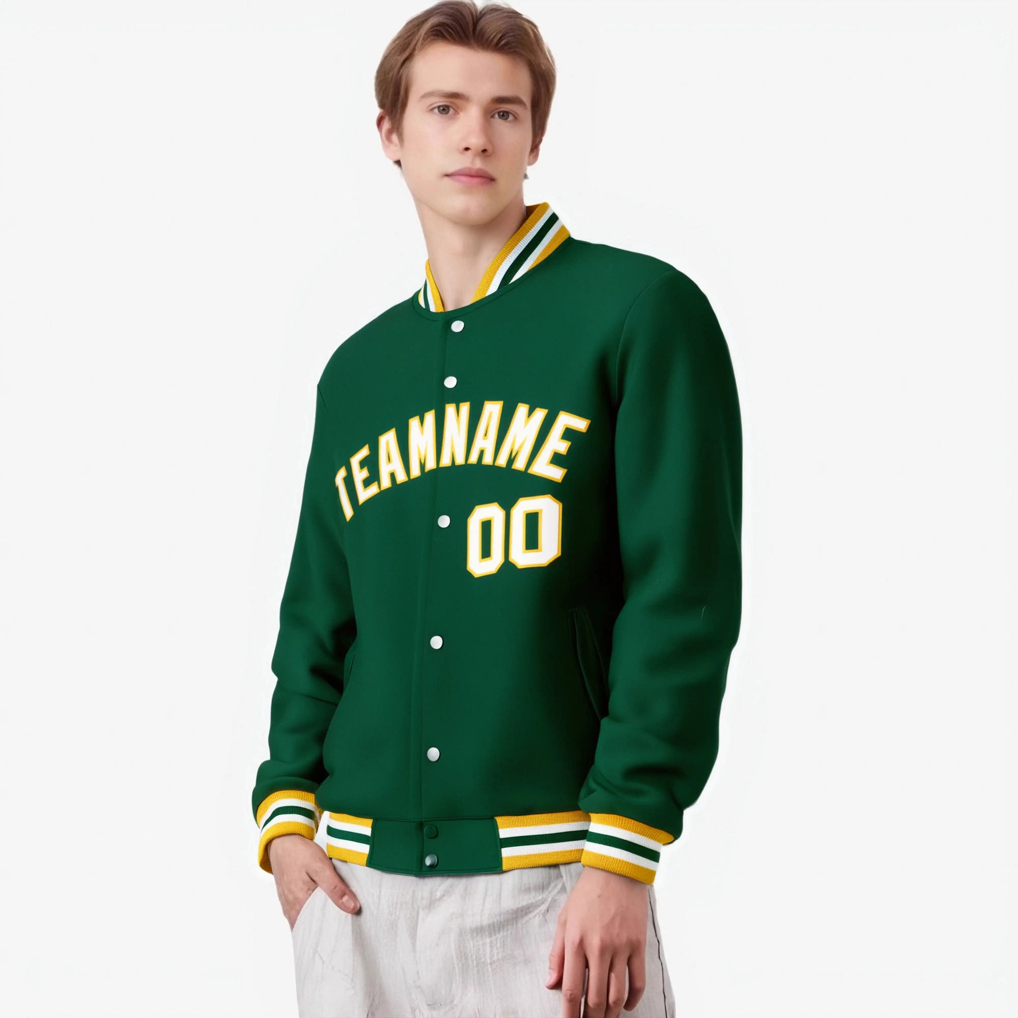 Custom Kelly-Green White-Gold Bomber Full-Snap Varsity Letterman Jacket