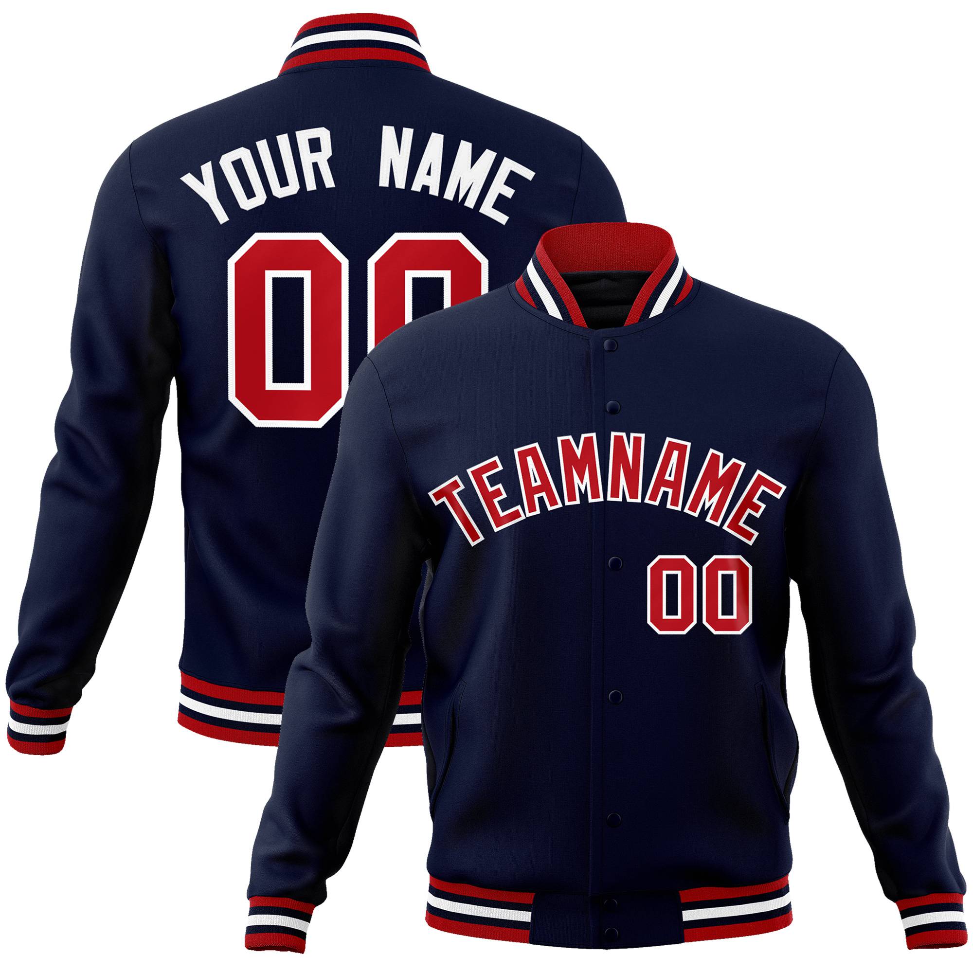 Custom Navy Fire Red White Bomber Full-Snap Varsity Letterman Jacket