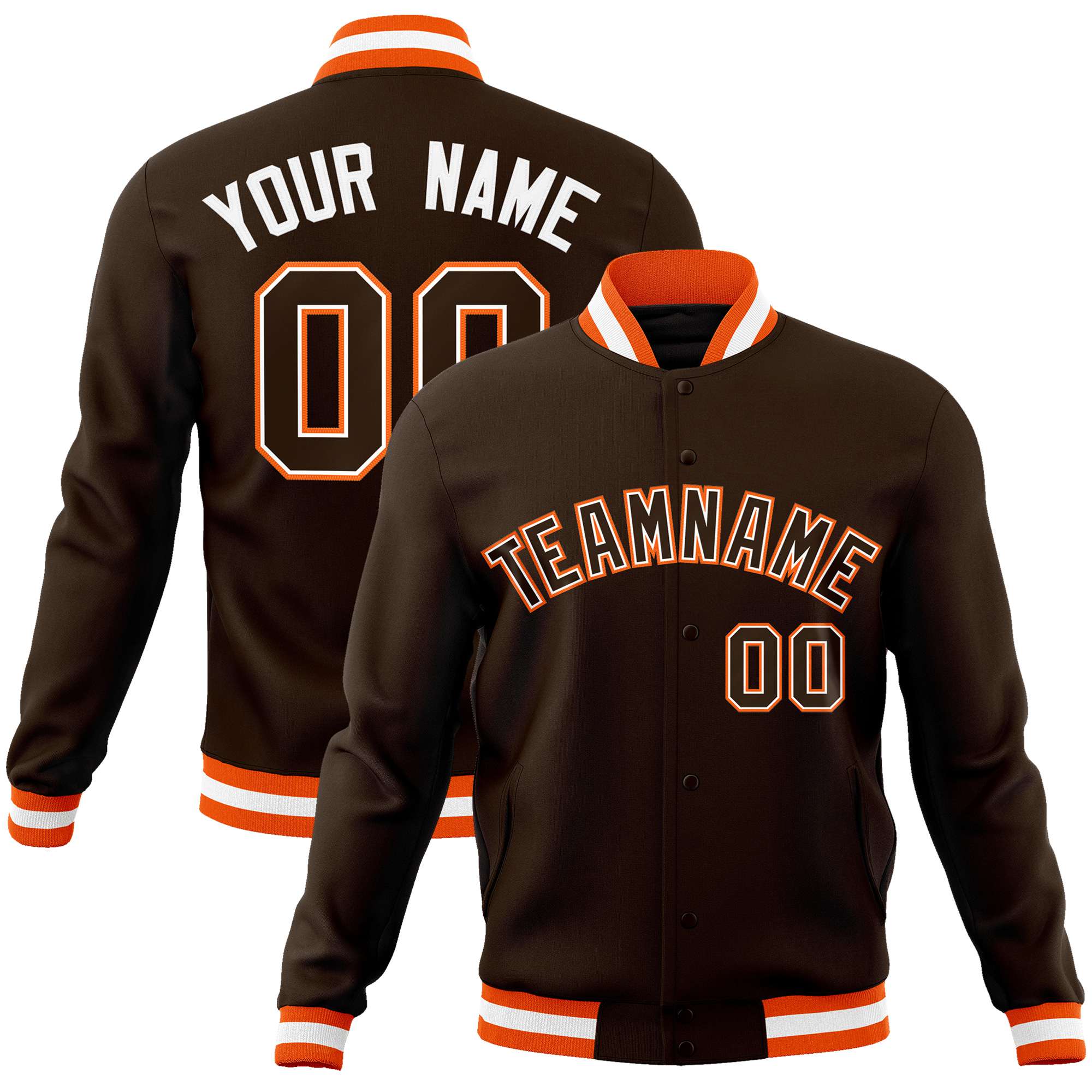 Custom Olive White Orange Bomber Full-Snap Varsity Letterman Jacket