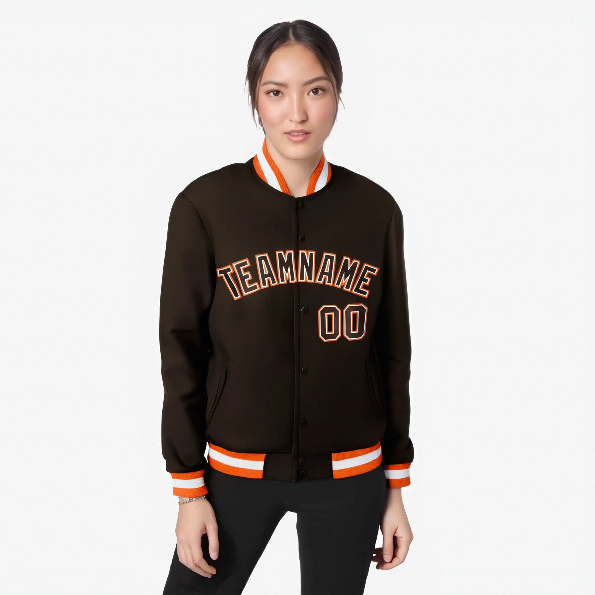 Custom Olive White Orange Bomber Full-Snap Varsity Letterman Jacket