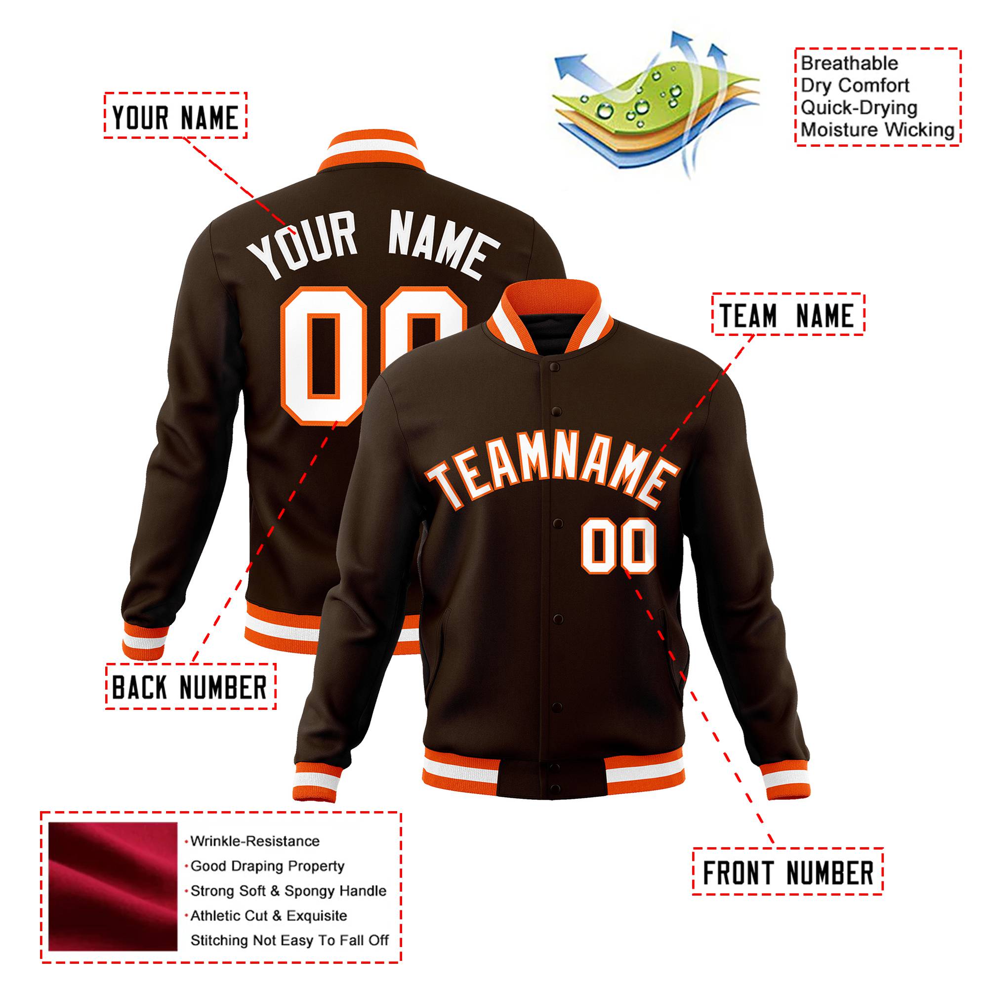 Custom Olive Orange White Bomber Full-Snap Varsity Letterman Jacket