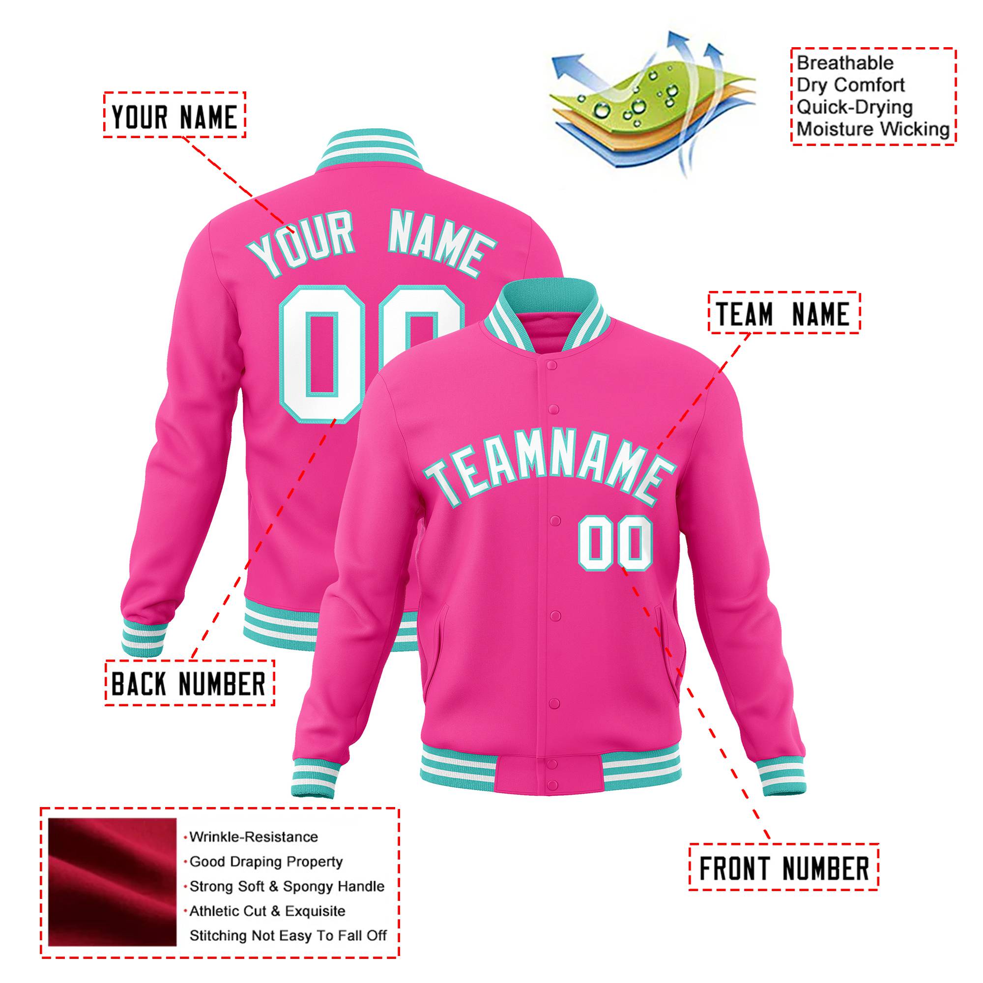 Custom Pink White Aqua Bomber Full-Snap Varsity Letterman Jacket