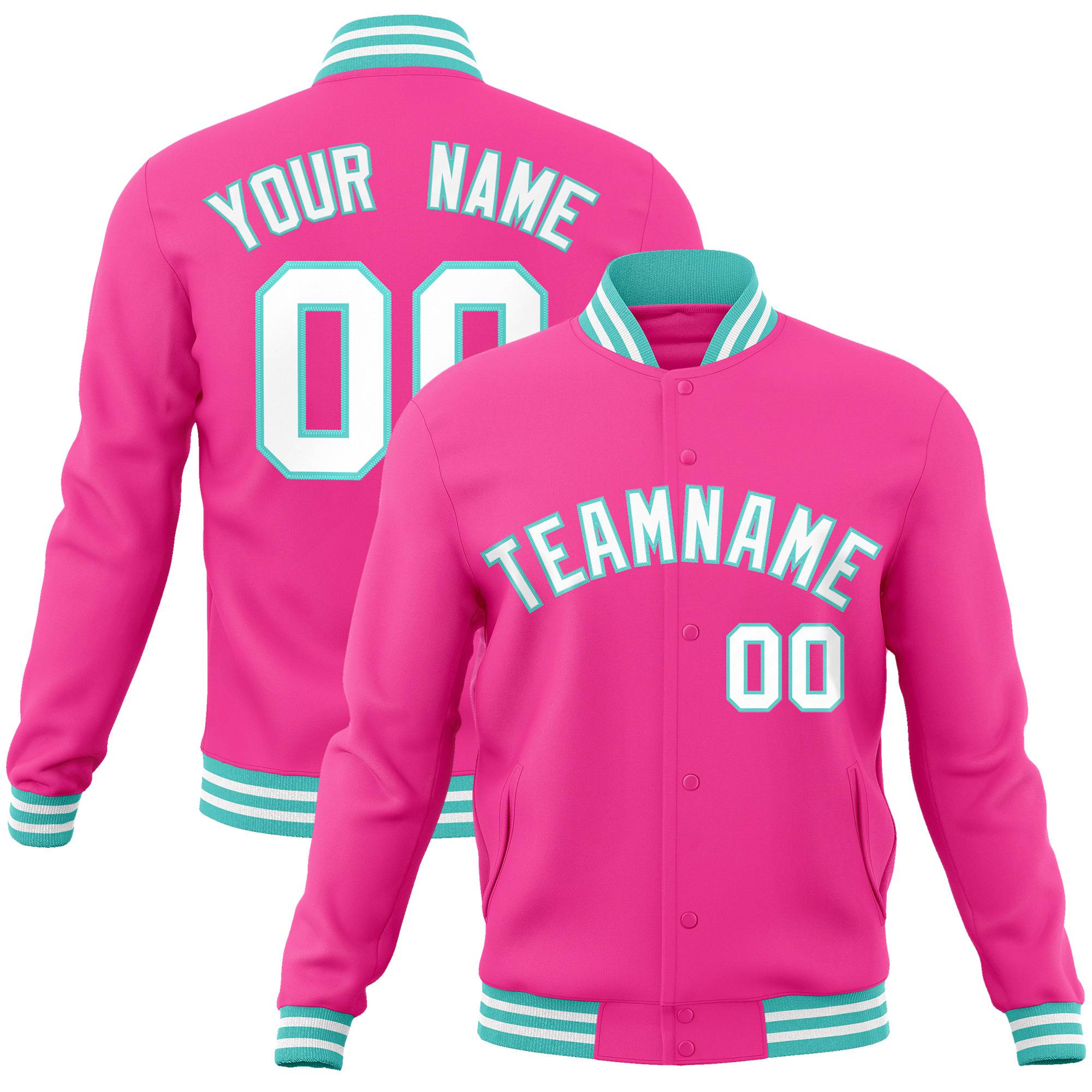 Custom Pink White Aqua Bomber Full-Snap Varsity Letterman Jacket