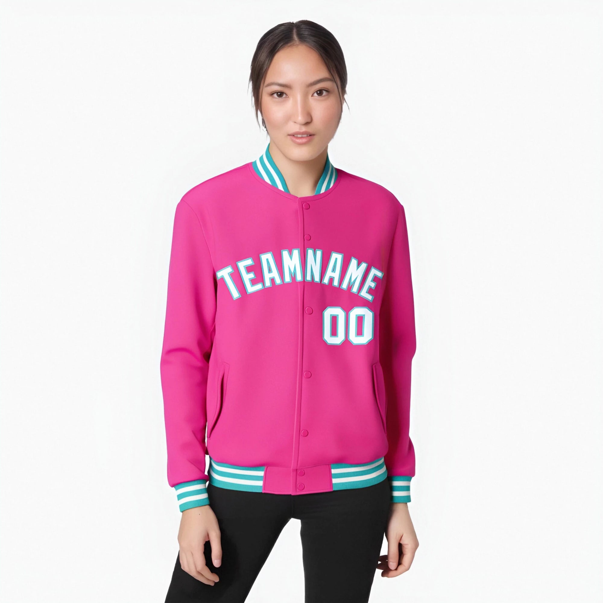 Custom Pink White Aqua Bomber Full-Snap Varsity Letterman Jacket