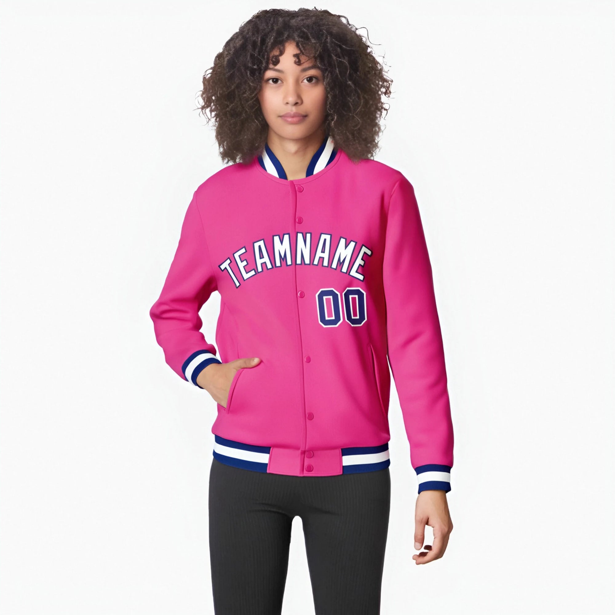 Custom Pink White Navy Bomber Full-Snap Varsity Letterman Jacket