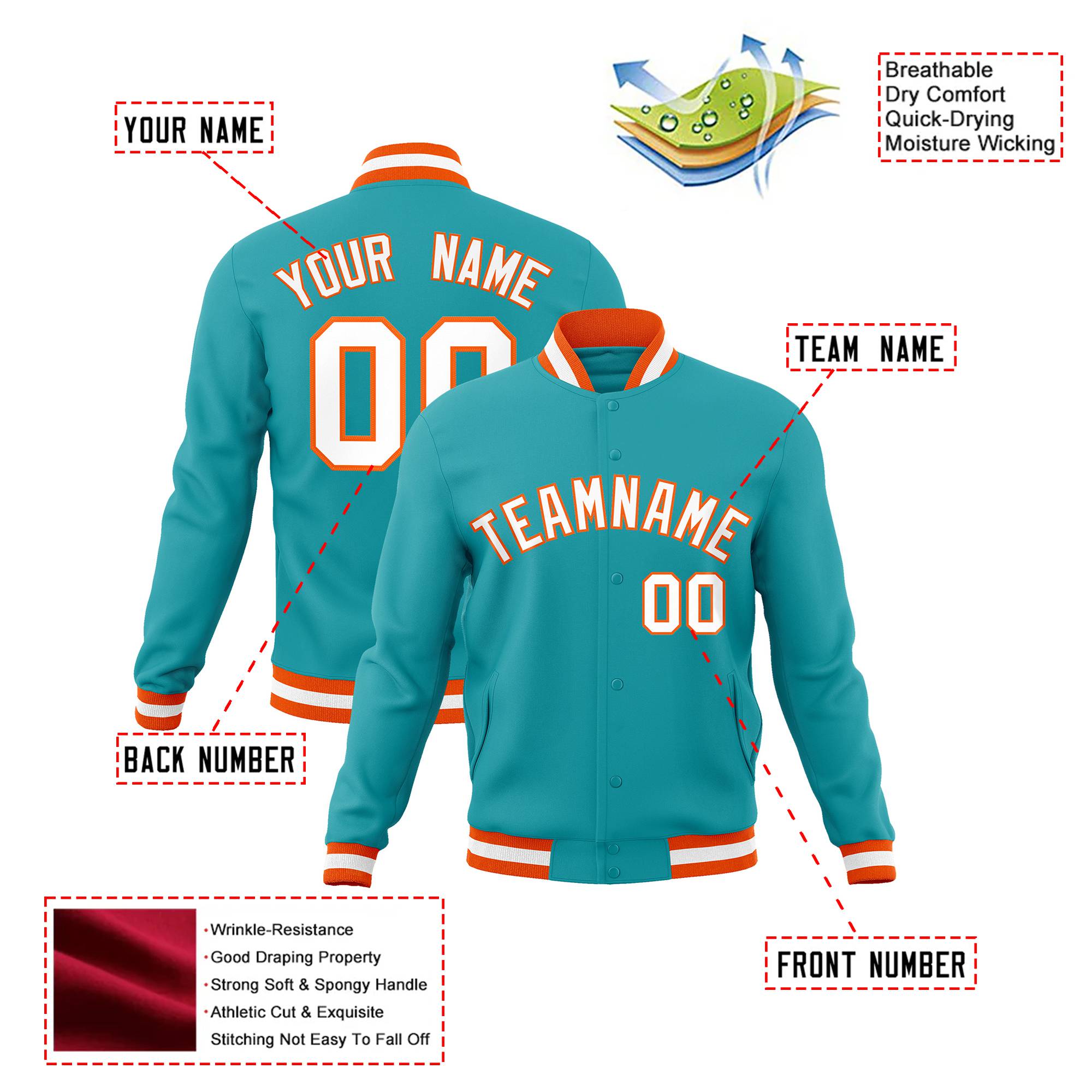 Custom Aqua White Orange Bomber Full-Snap Varsity Letterman Jacket