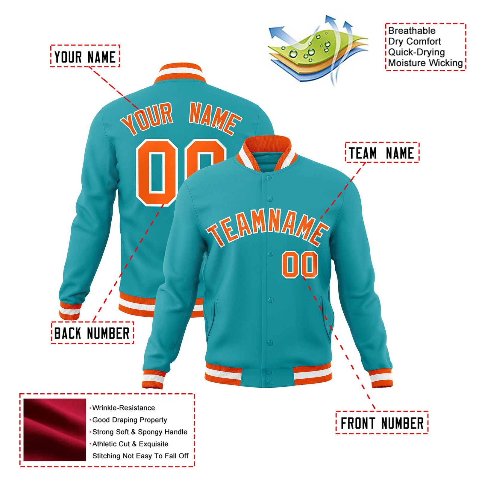 Custom Aqua Orange White Bomber Full-Snap Varsity Letterman Jacket