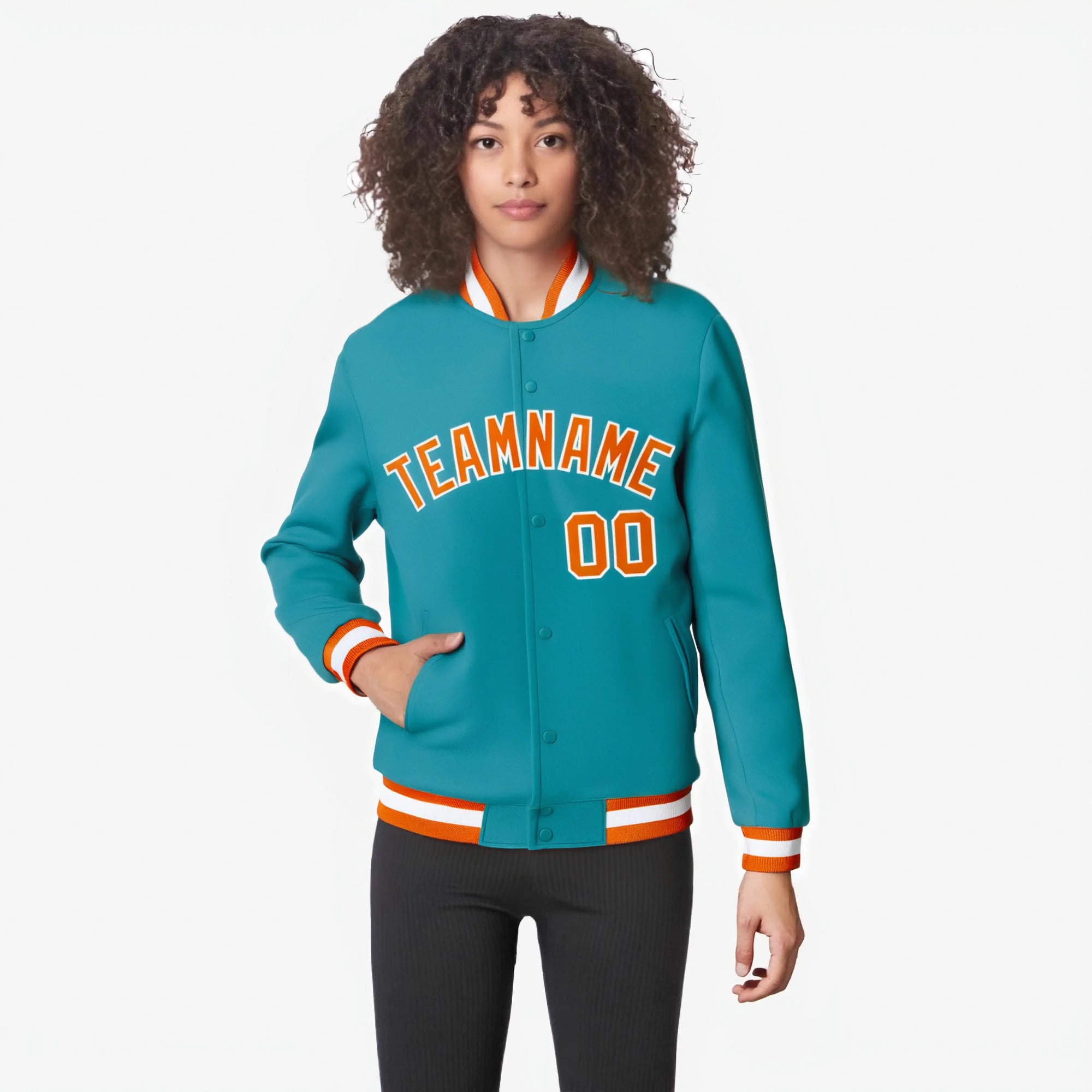 Custom Aqua Orange White Bomber Full-Snap Varsity Letterman Jacket