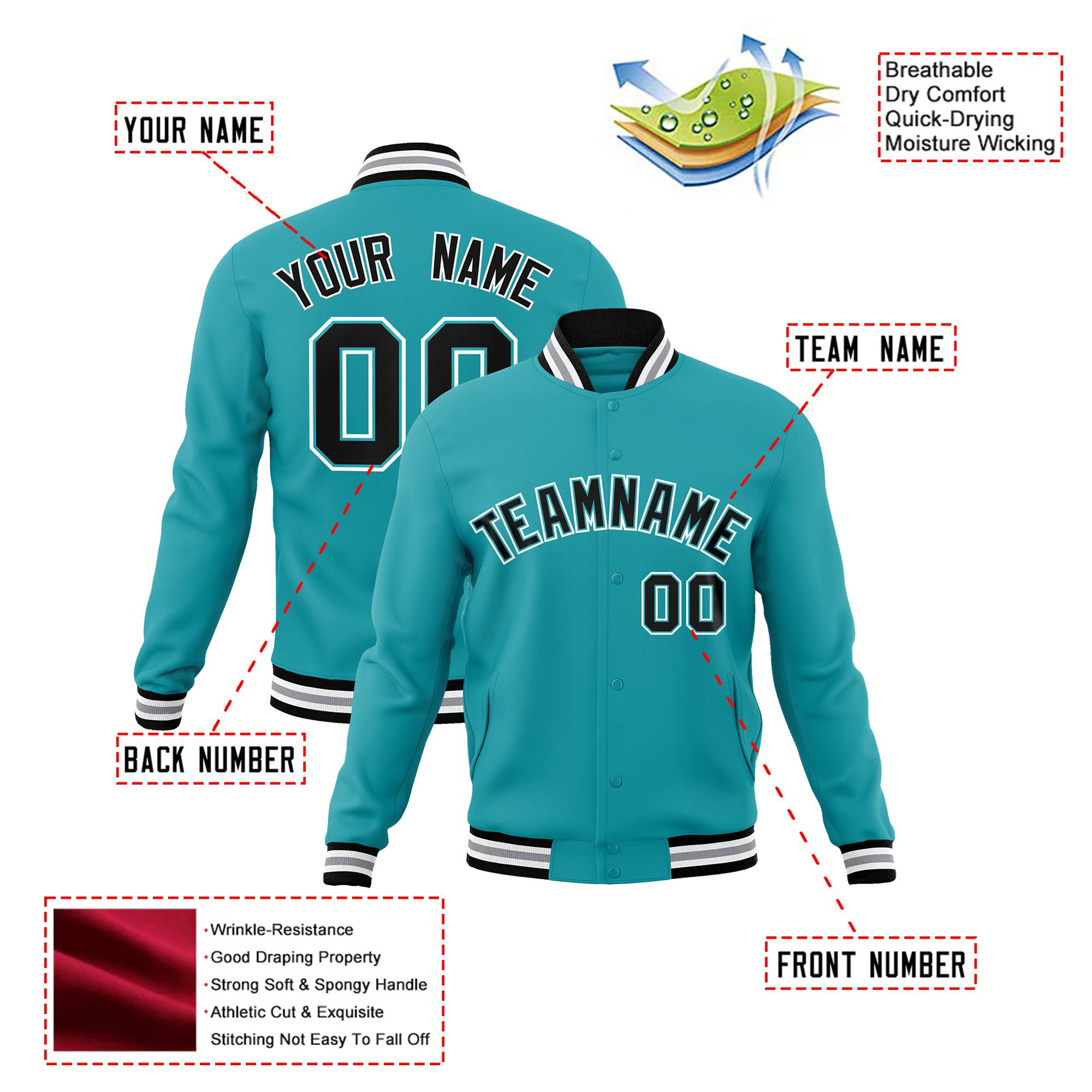 Custom Aqua Navy White Bomber Full-Snap Varsity Letterman Jacket