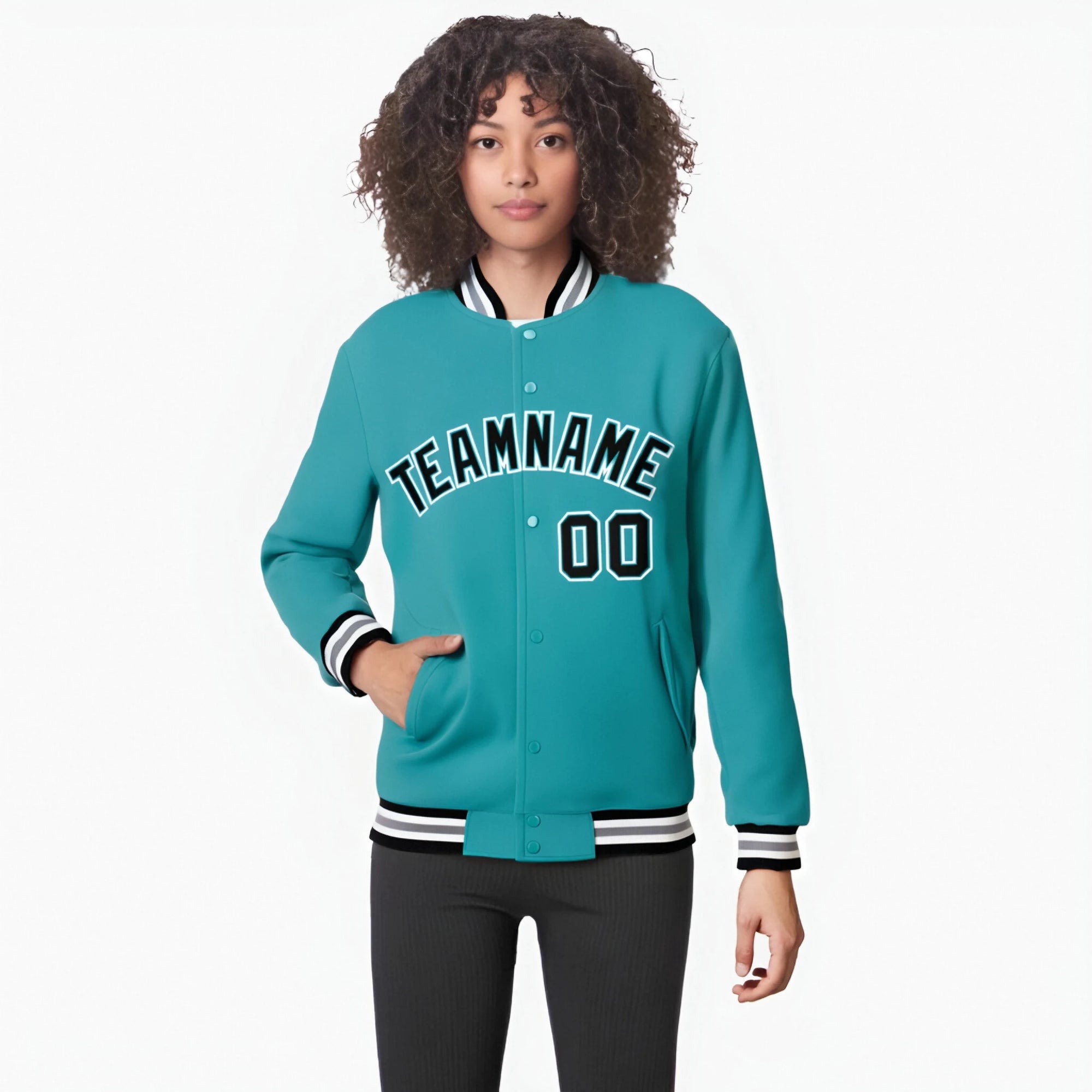 Custom Aqua Navy White Bomber Full-Snap Varsity Letterman Jacket