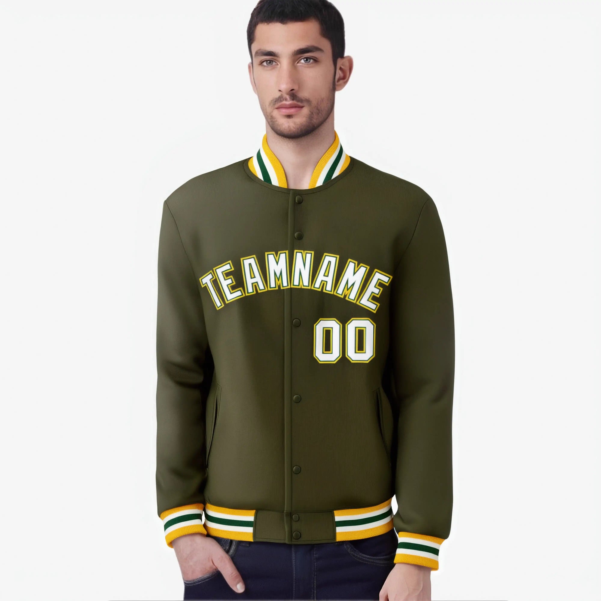 Custom Olive White Gold Bomber Full-Snap Varsity Letterman Jacket