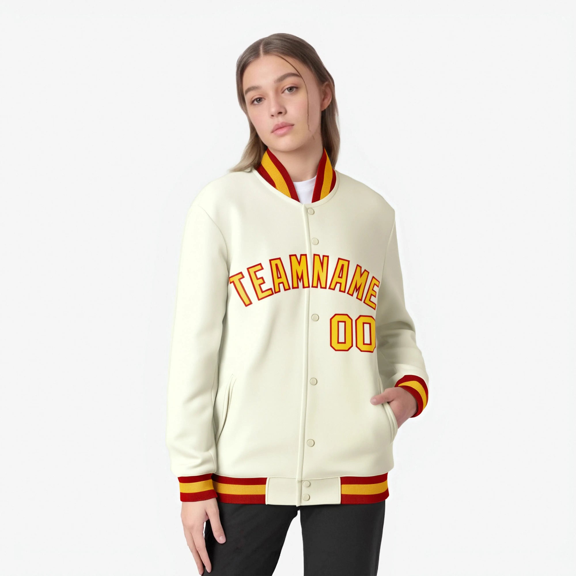 Custom Cream Yellow Red Bomber Full-Snap Varsity Letterman Jacket