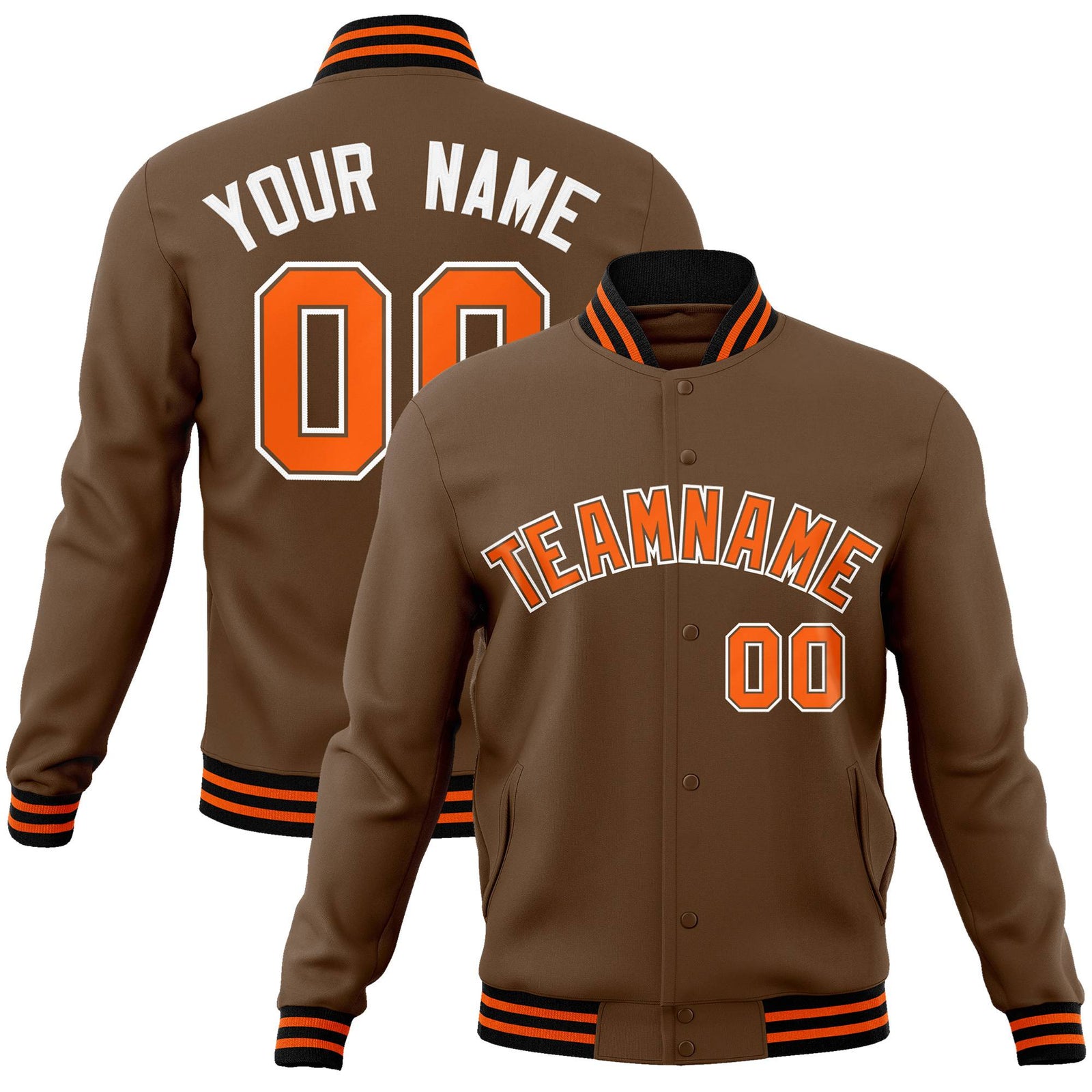 Custom Brown Orange White Bomber Full-Snap Varsity Letterman Jacket