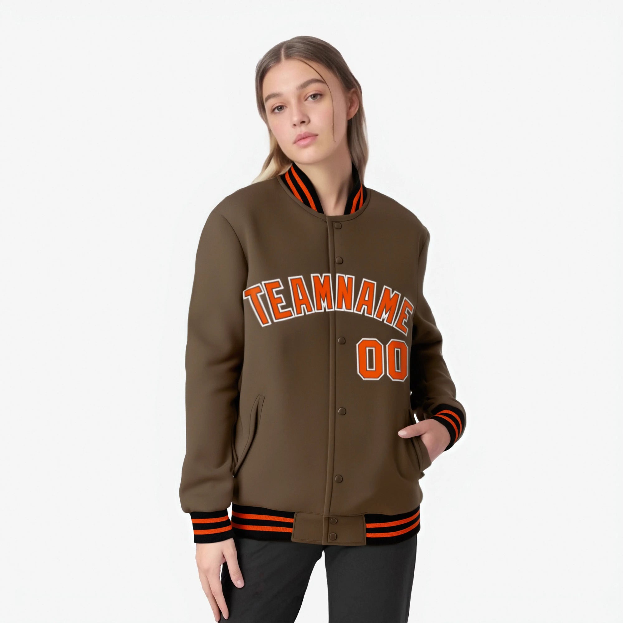 Custom Brown Orange White Bomber Full-Snap Varsity Letterman Jacket