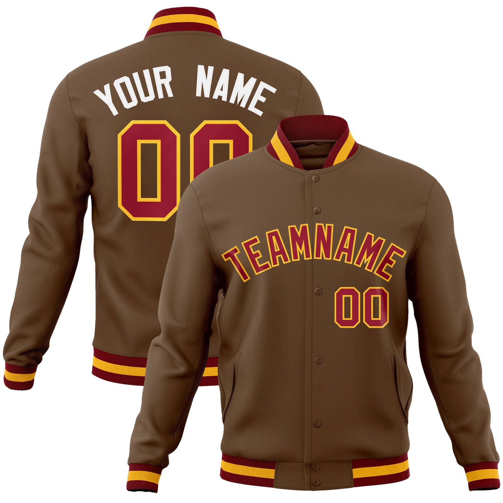 Custom Brown Burgundy Gold Bomber Full-Snap Varsity Letterman Jacket
