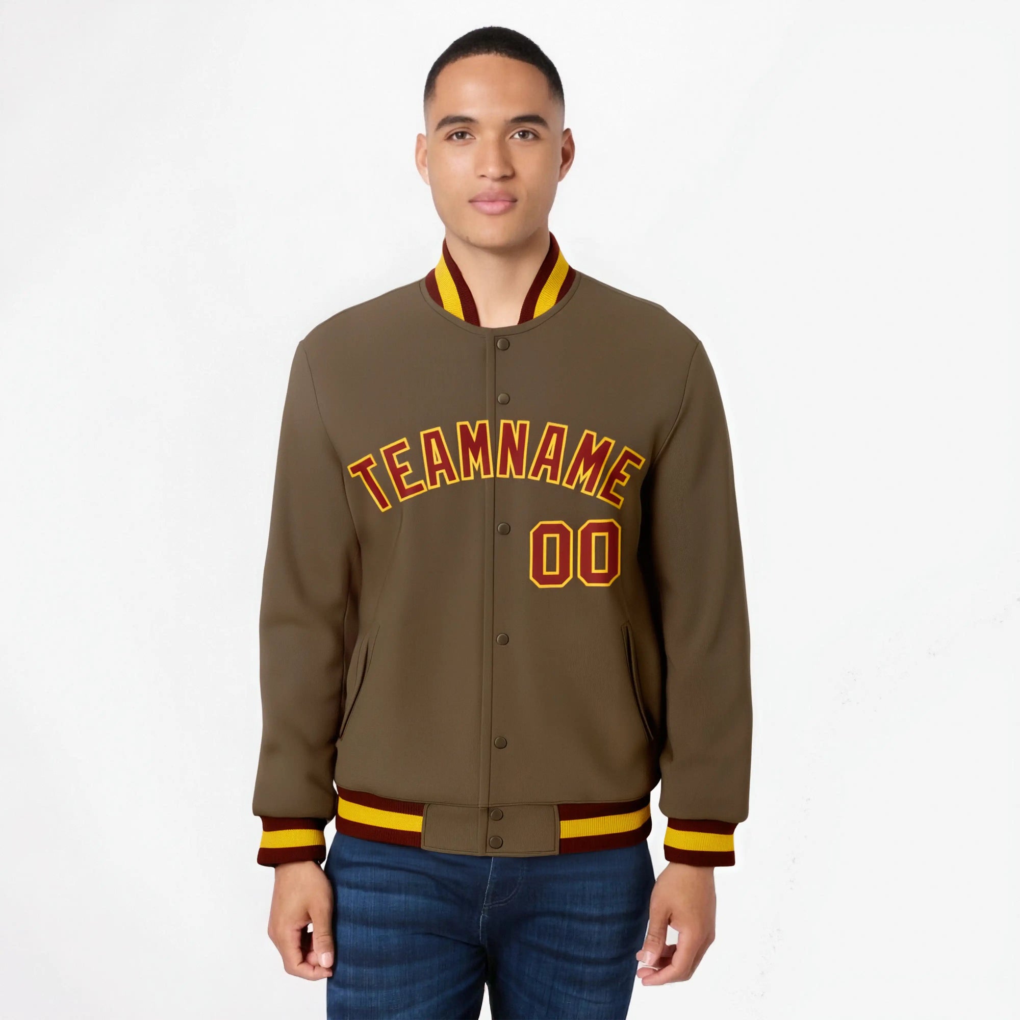 Custom Brown Burgundy Gold Bomber Full-Snap Varsity Letterman Jacket