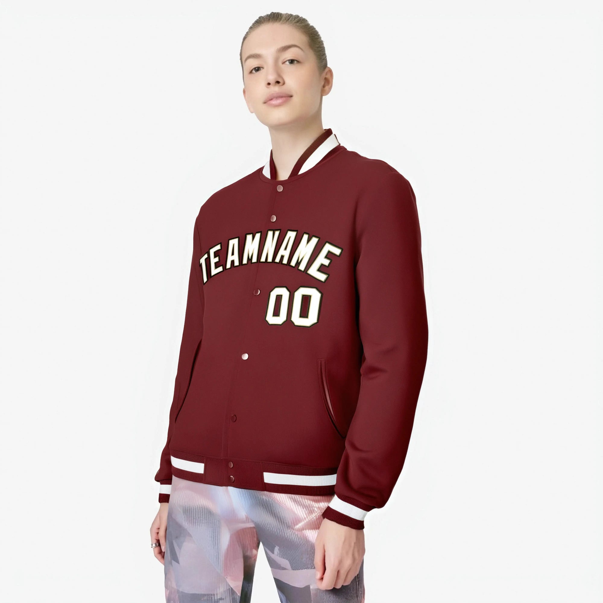 Custom Burgundy White-Gold Bomber Full-Snap Varsity Letterman Jacket