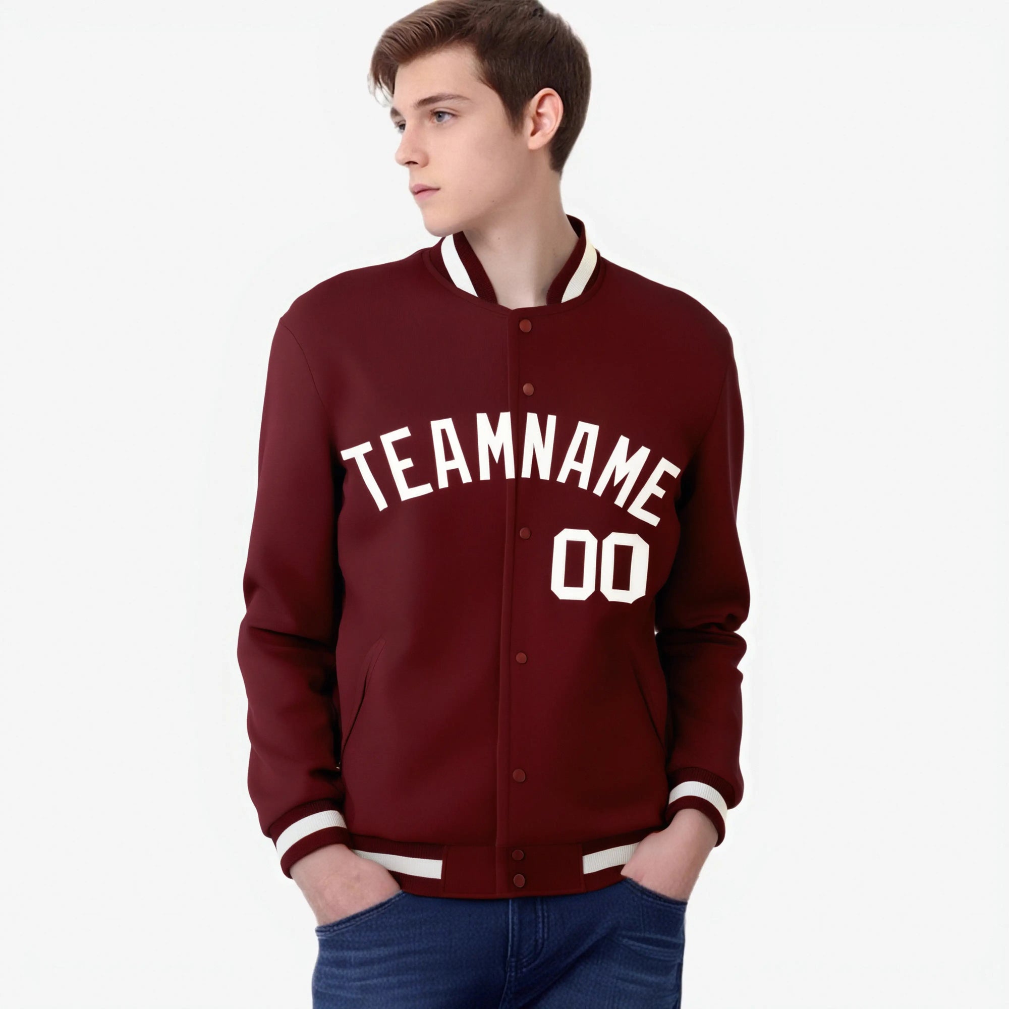 Custom Burgundy White Bomber Full-Snap Varsity Letterman Jacket