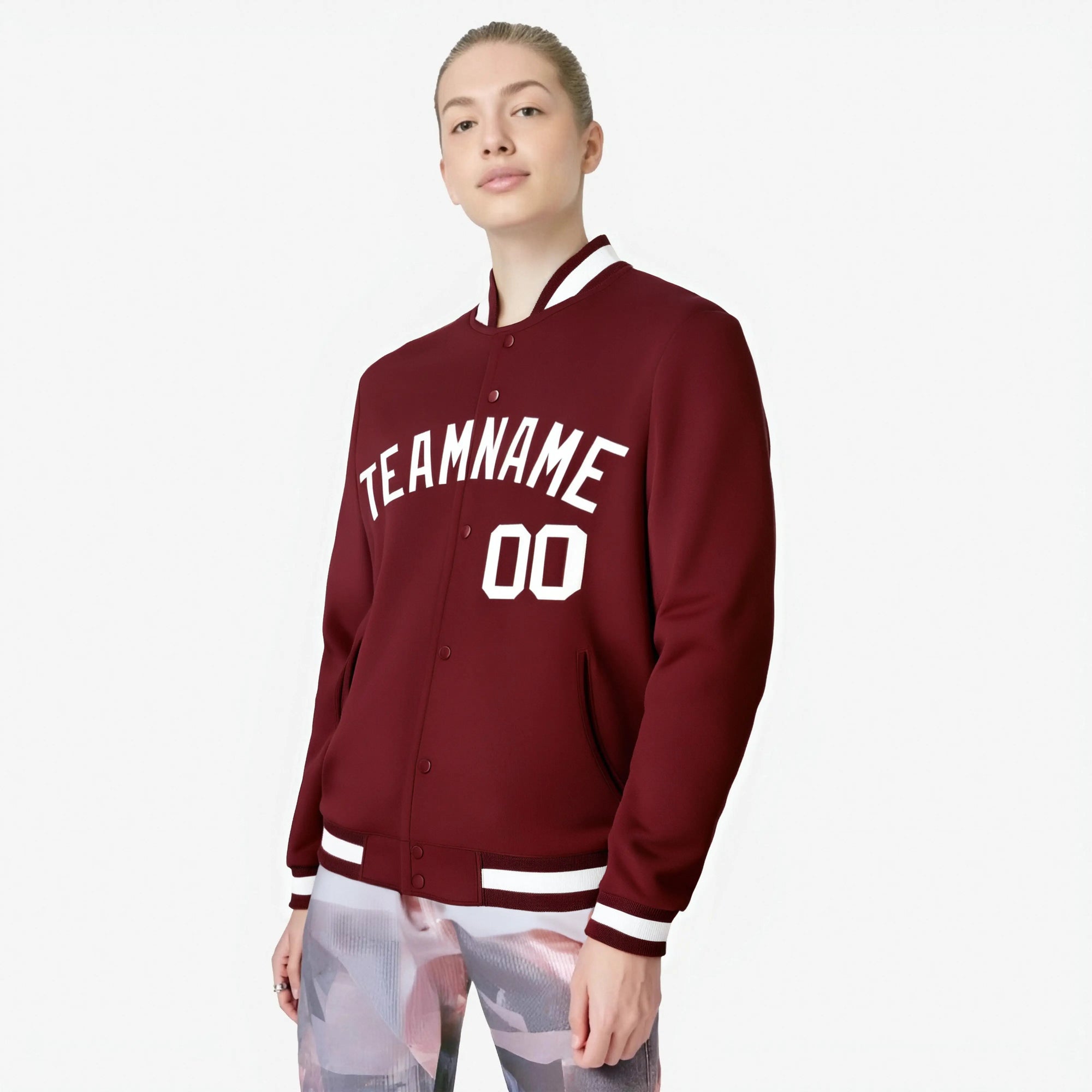 Custom Burgundy White Bomber Full-Snap Varsity Letterman Jacket