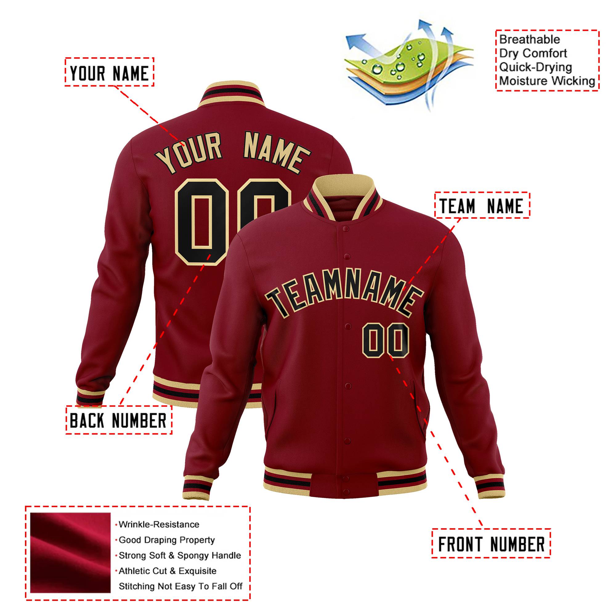 Custom Burgundy Black Old-Gold Bomber Full-Snap Varsity Letterman Jacket