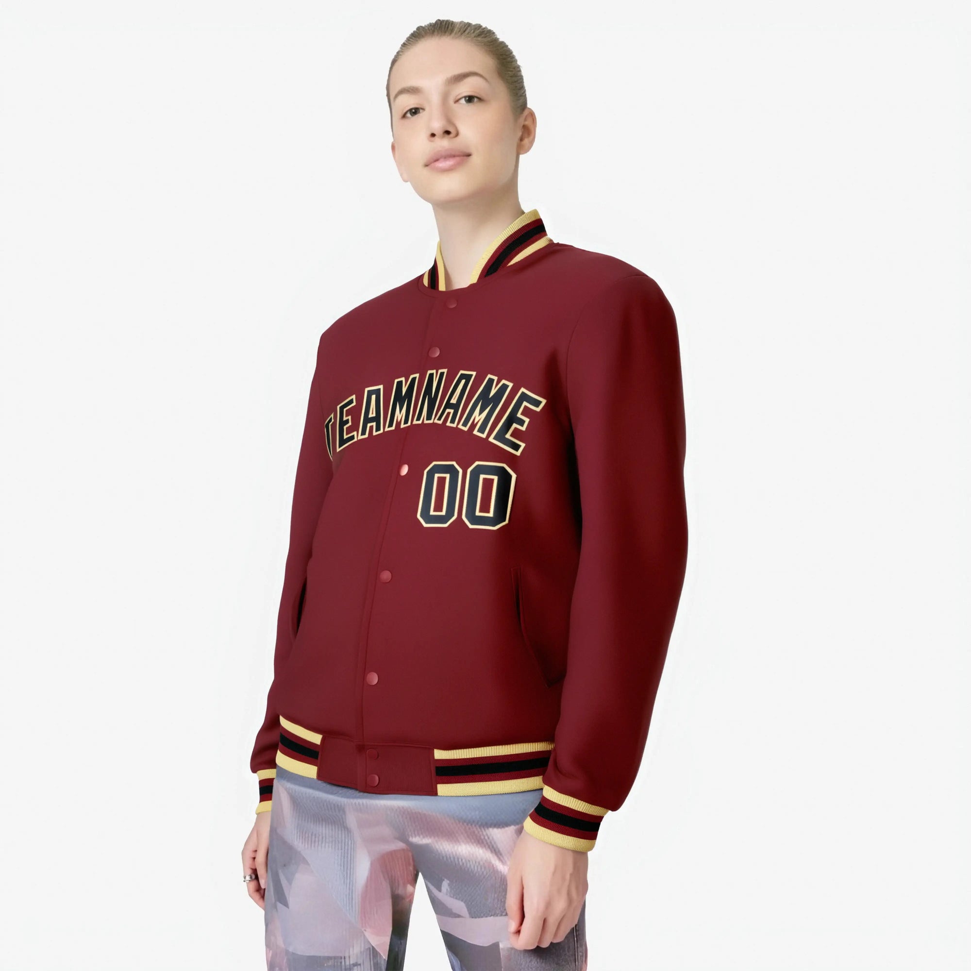 Custom Burgundy Black Old-Gold Bomber Full-Snap Varsity Letterman Jacket