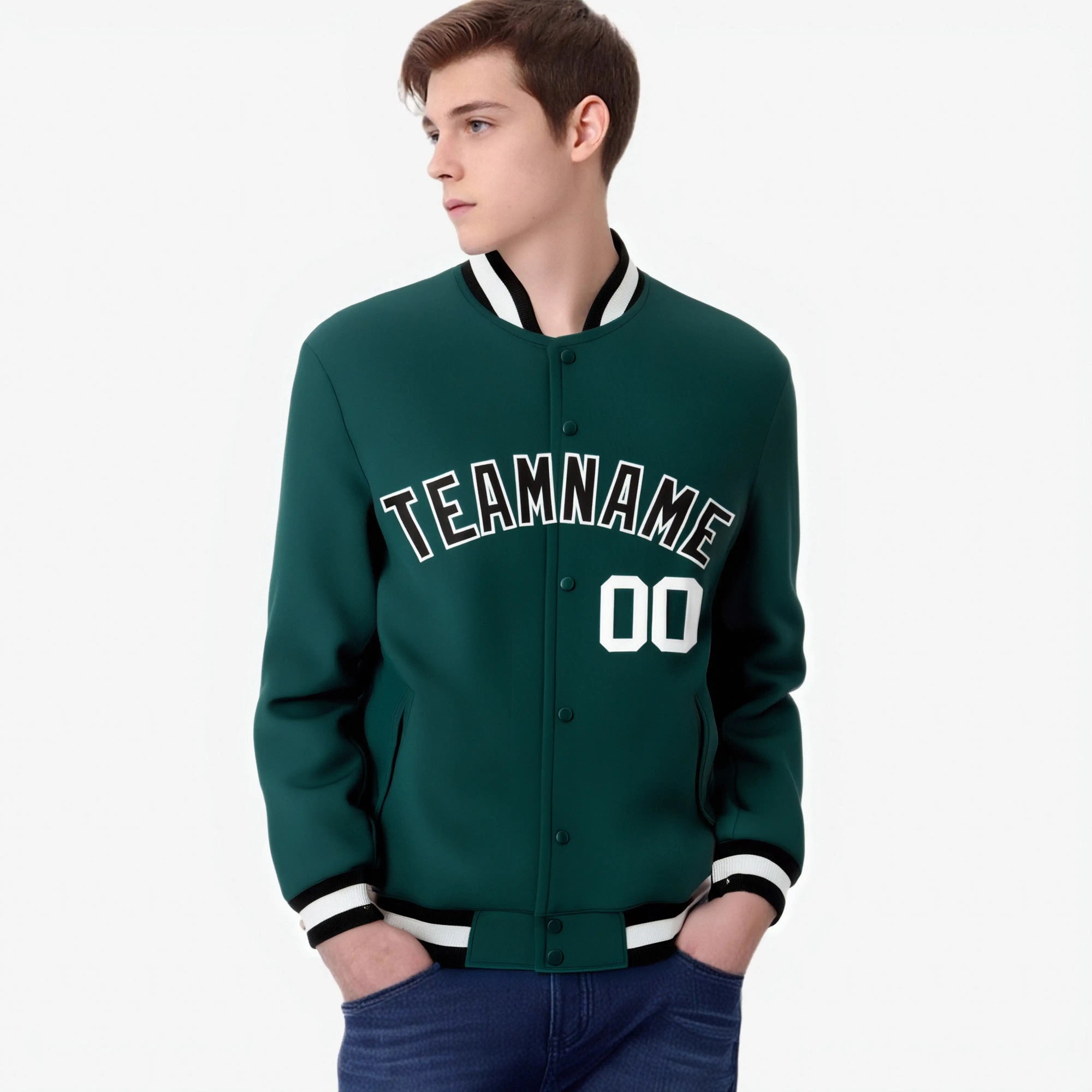 Custom Midnight-Green Black-White Bomber Full-Snap Varsity Letterman Jacket