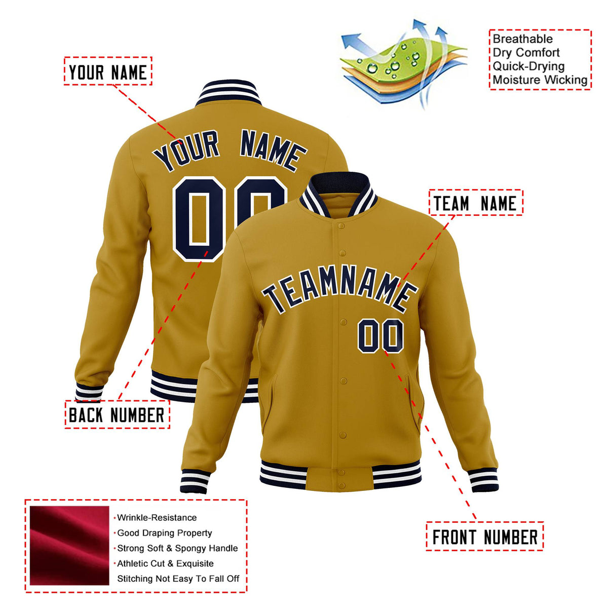 Custom Old Gold Navy-White Bomber Full-Snap Varsity Letterman Jacket