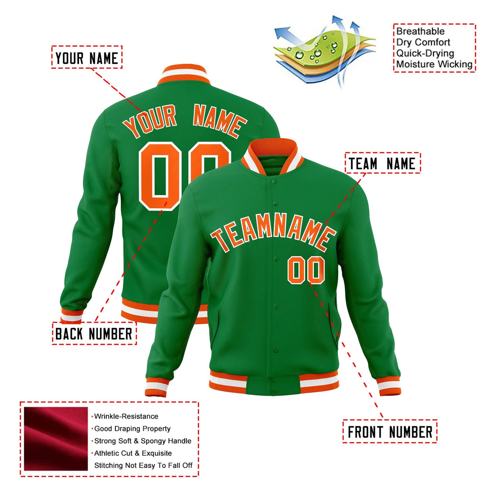 Custom Neon-Green Orange-White Bomber Full-Snap Varsity Letterman Jacket
