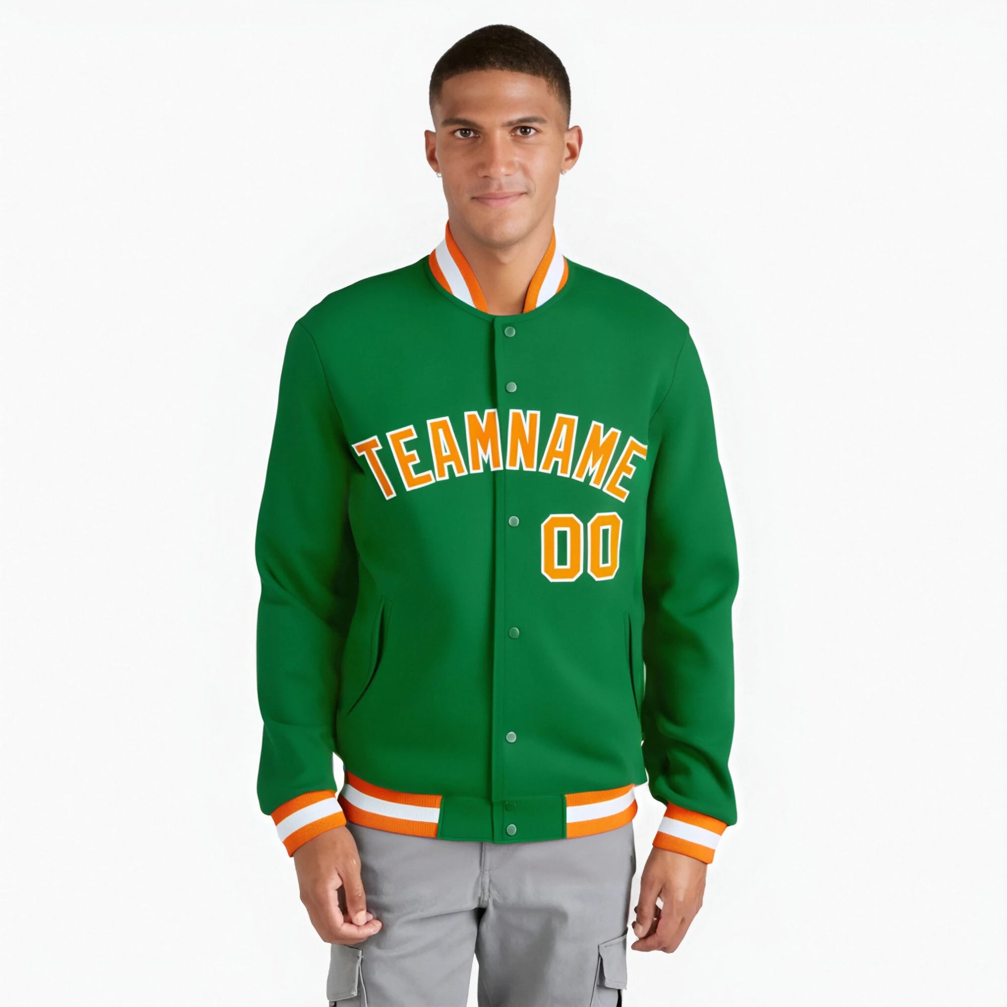 Custom Neon-Green Orange-White Bomber Full-Snap Varsity Letterman Jacket