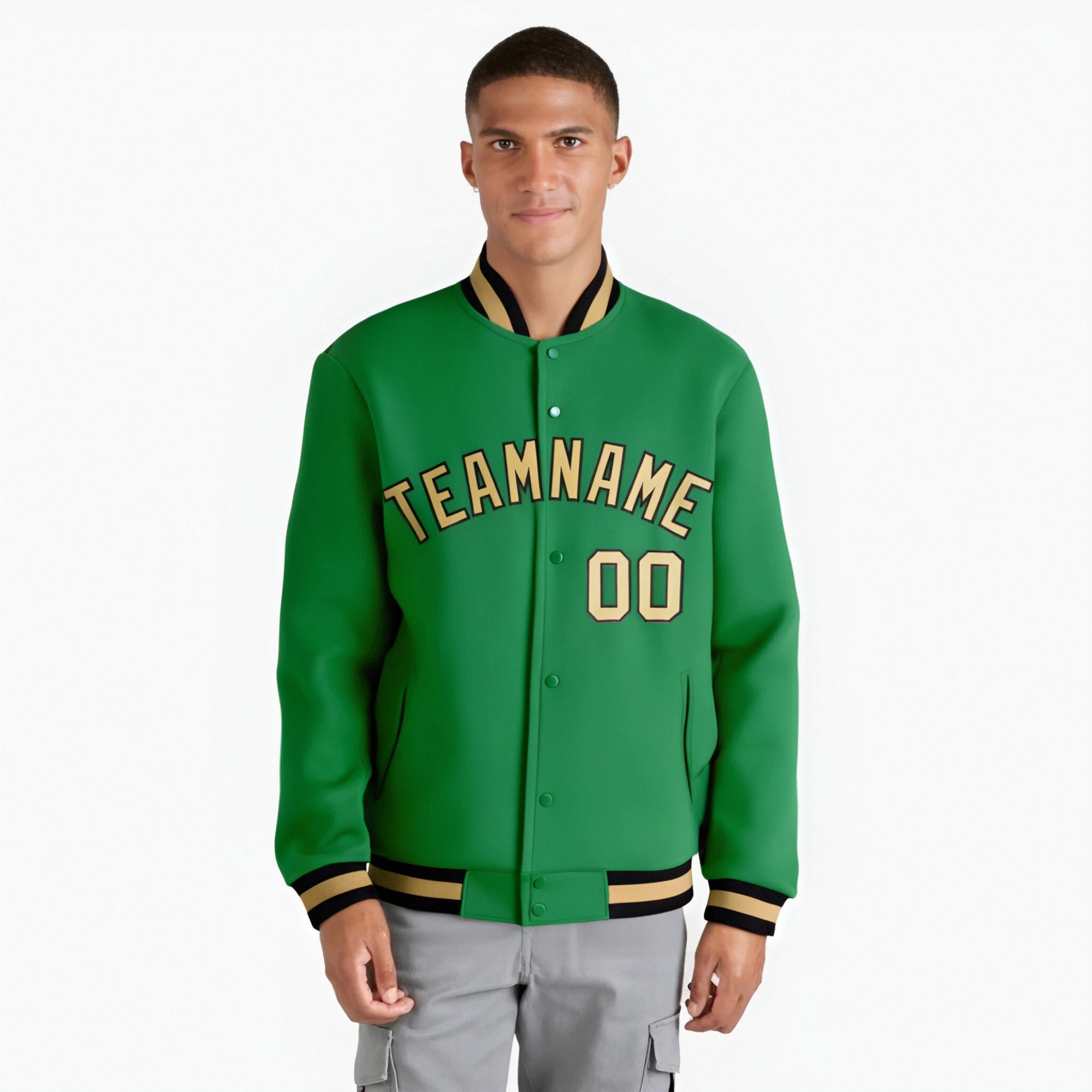 Custom Neon-Green Brown-White Bomber Full-Snap Varsity Letterman Jacket