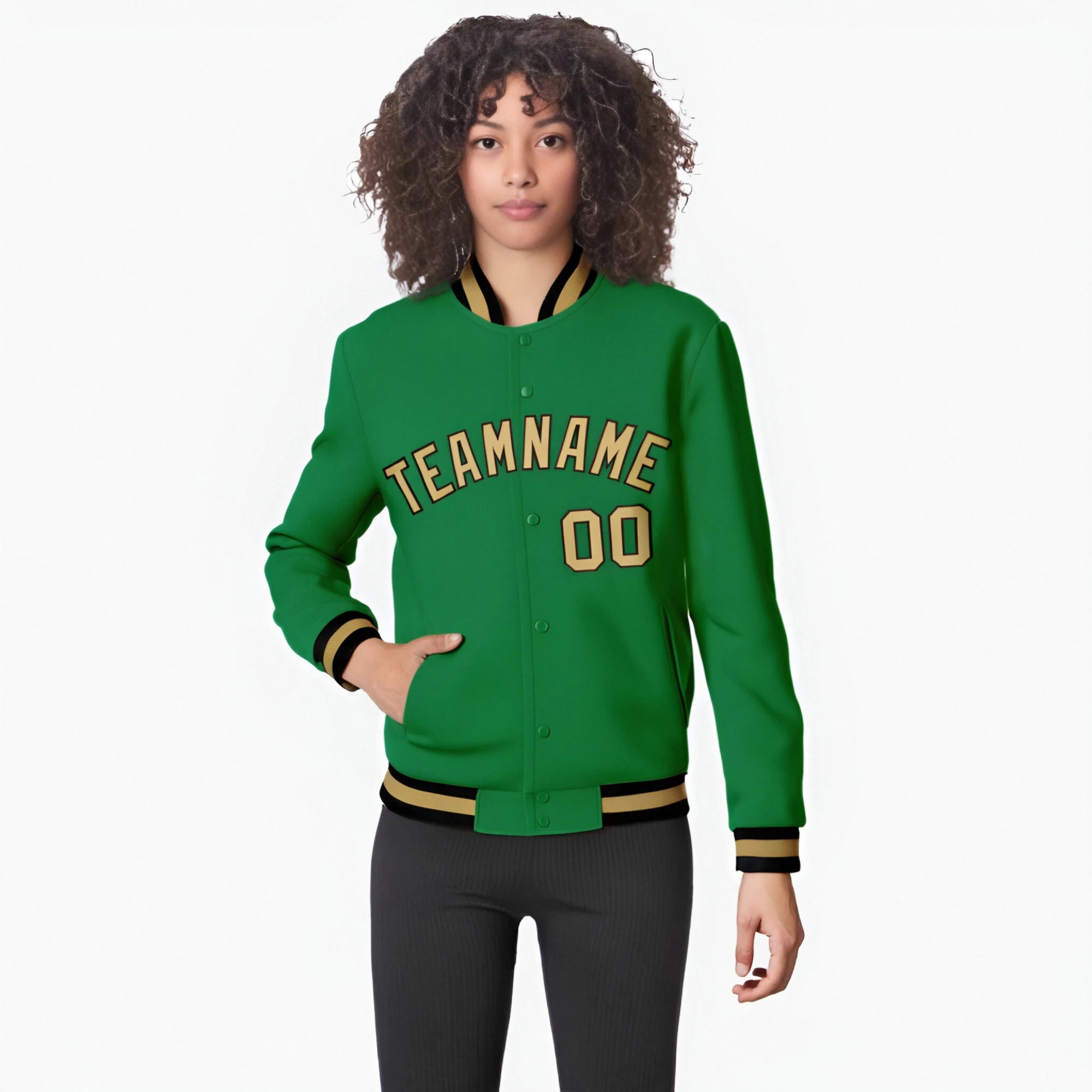 Custom Neon-Green Brown-White Bomber Full-Snap Varsity Letterman Jacket