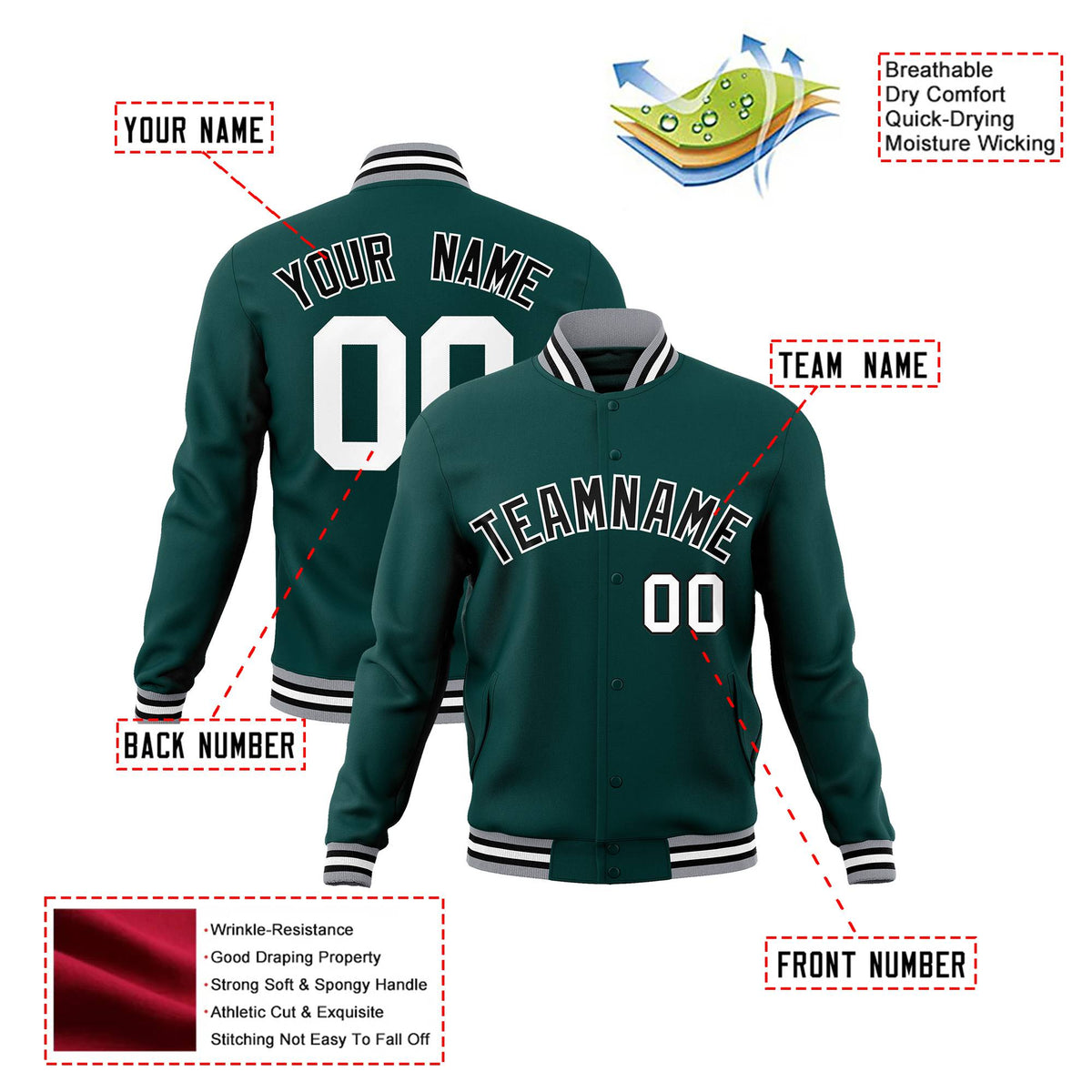 Custom Midnight-Green Black Gray Bomber Full-Snap Varsity Letterman Jacket