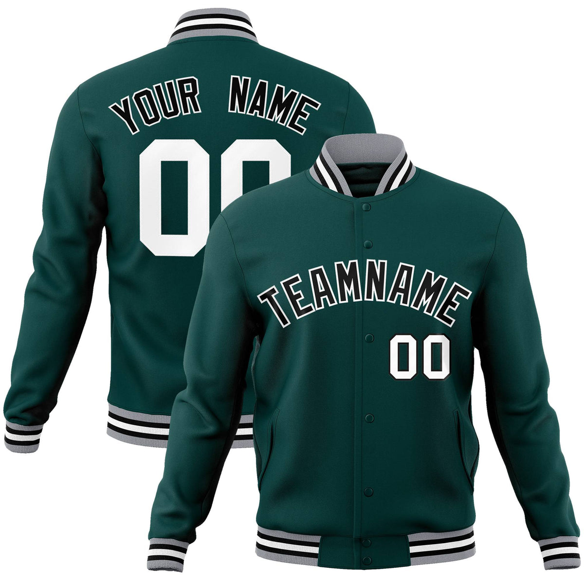 Custom Midnight-Green Black Gray Bomber Full-Snap Varsity Letterman Jacket