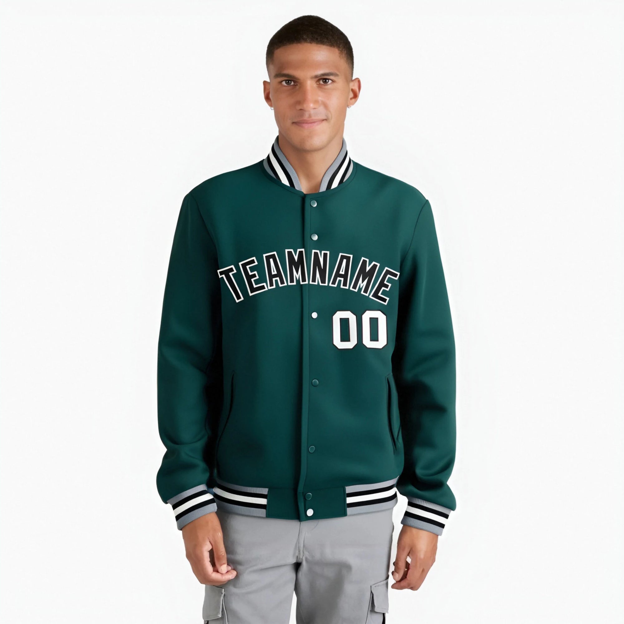 Custom Midnight-Green Black Gray Bomber Full-Snap Varsity Letterman Jacket