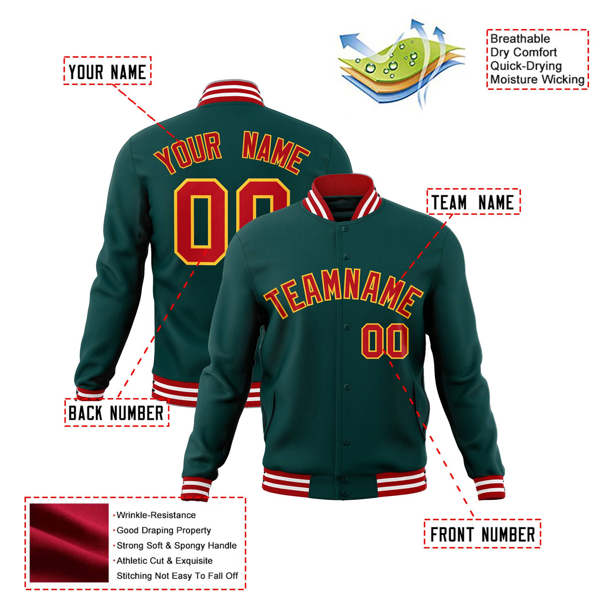 Custom Midnight-Green Red-Gold Bomber Full-Snap Varsity Letterman Jacket