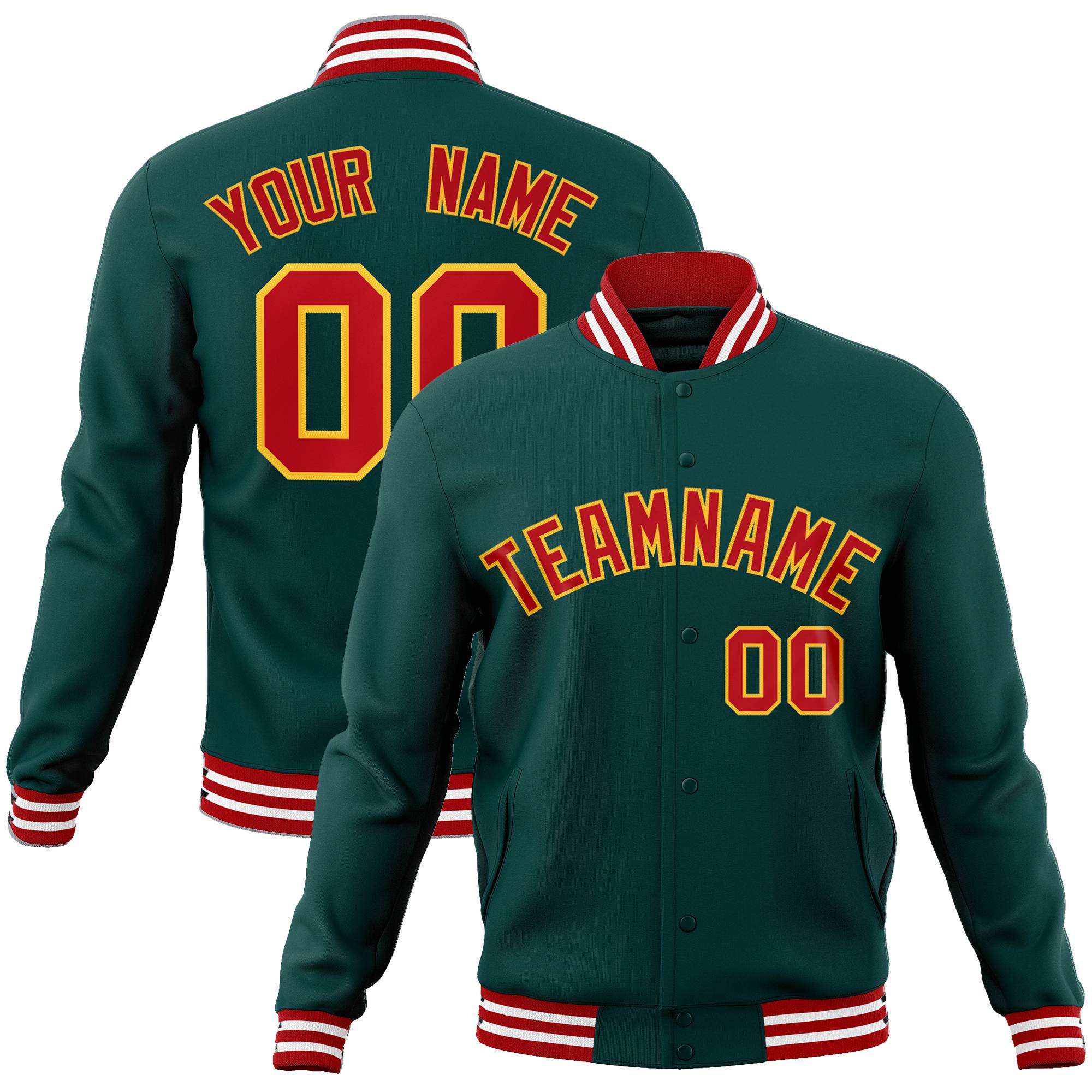 Custom Midnight-Green Red-Gold Bomber Full-Snap Varsity Letterman Jacket