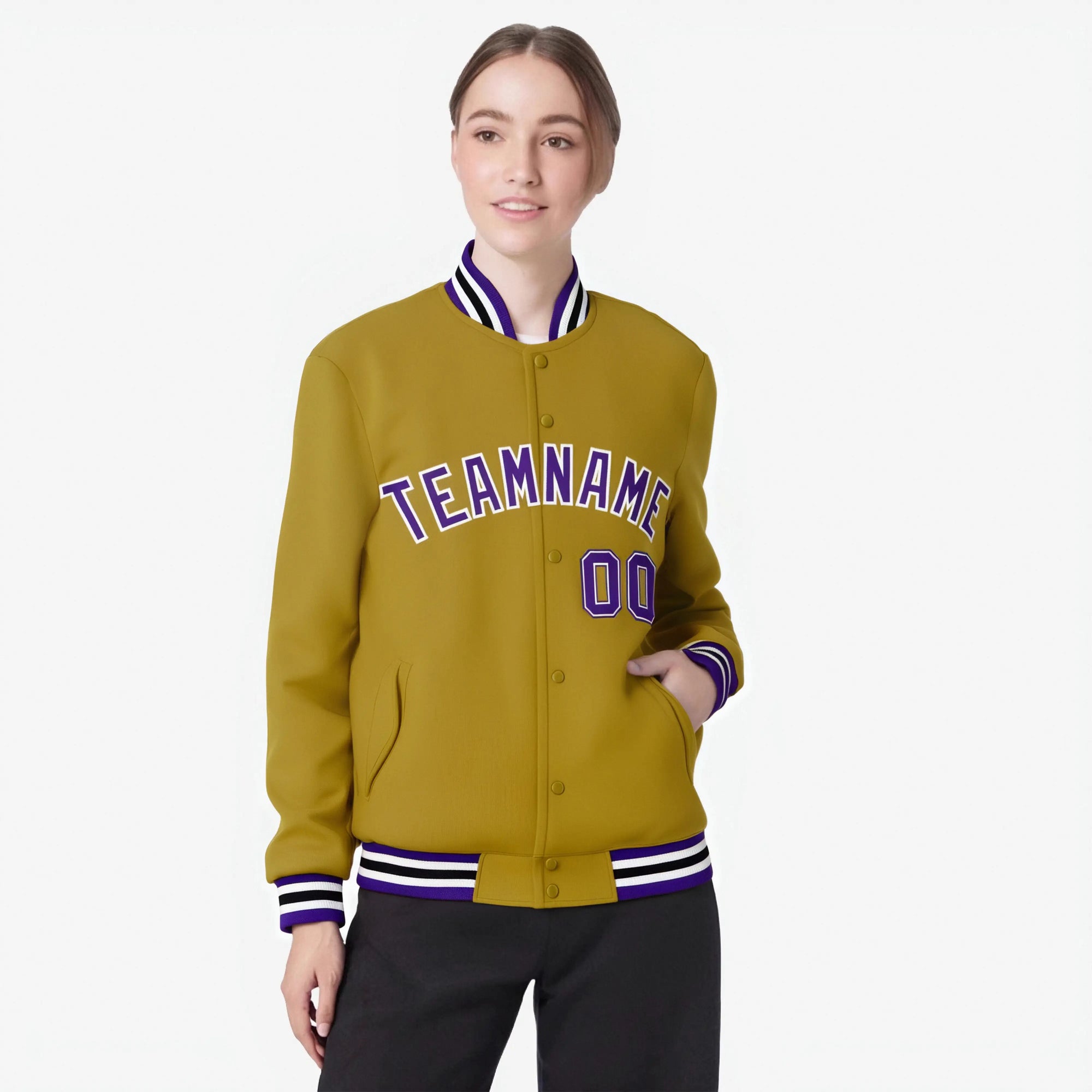 Custom Brown Purple White Bomber Full-Snap Varsity Letterman Jacket