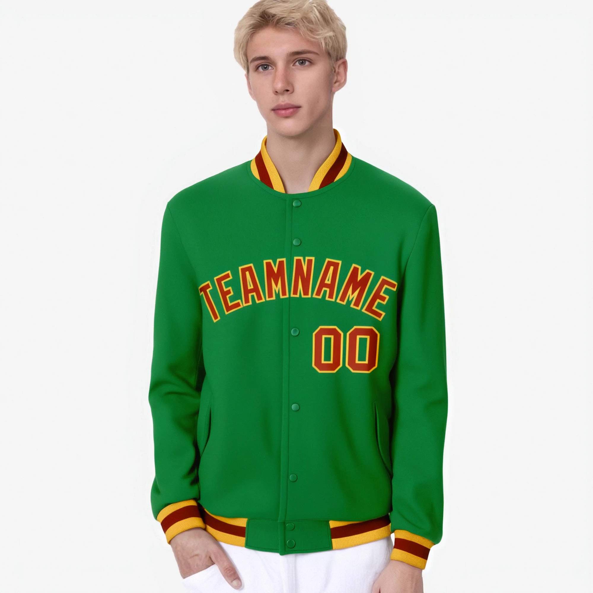 Custom Neon-Green Red-Gold Bomber Full-Snap Varsity Letterman Jacket