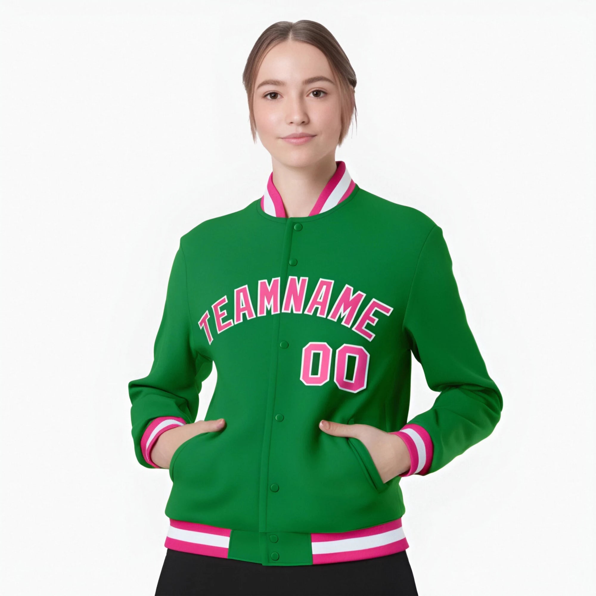 Custom Neon-Green Pink-White Bomber Full-Snap Varsity Letterman Jacket