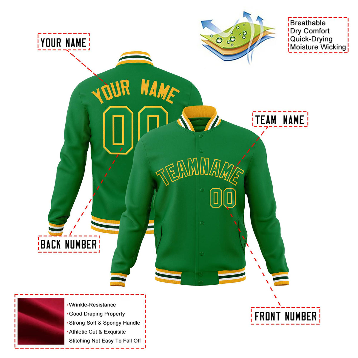 Custom Neon-Green Gold Bomber Full-Snap Varsity Letterman Jacket