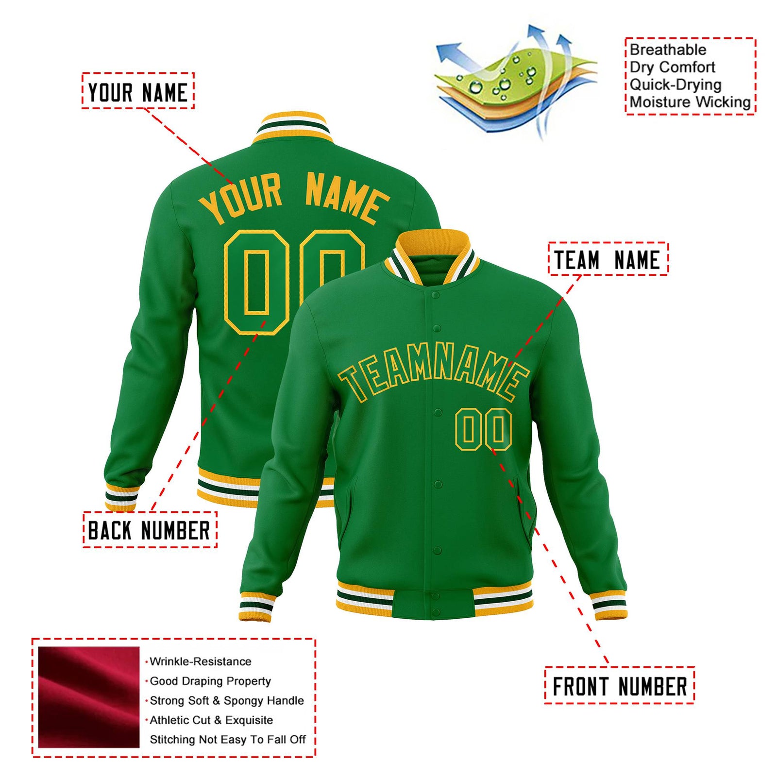Custom Neon-Green Gold Bomber Full-Snap Varsity Letterman Jacket