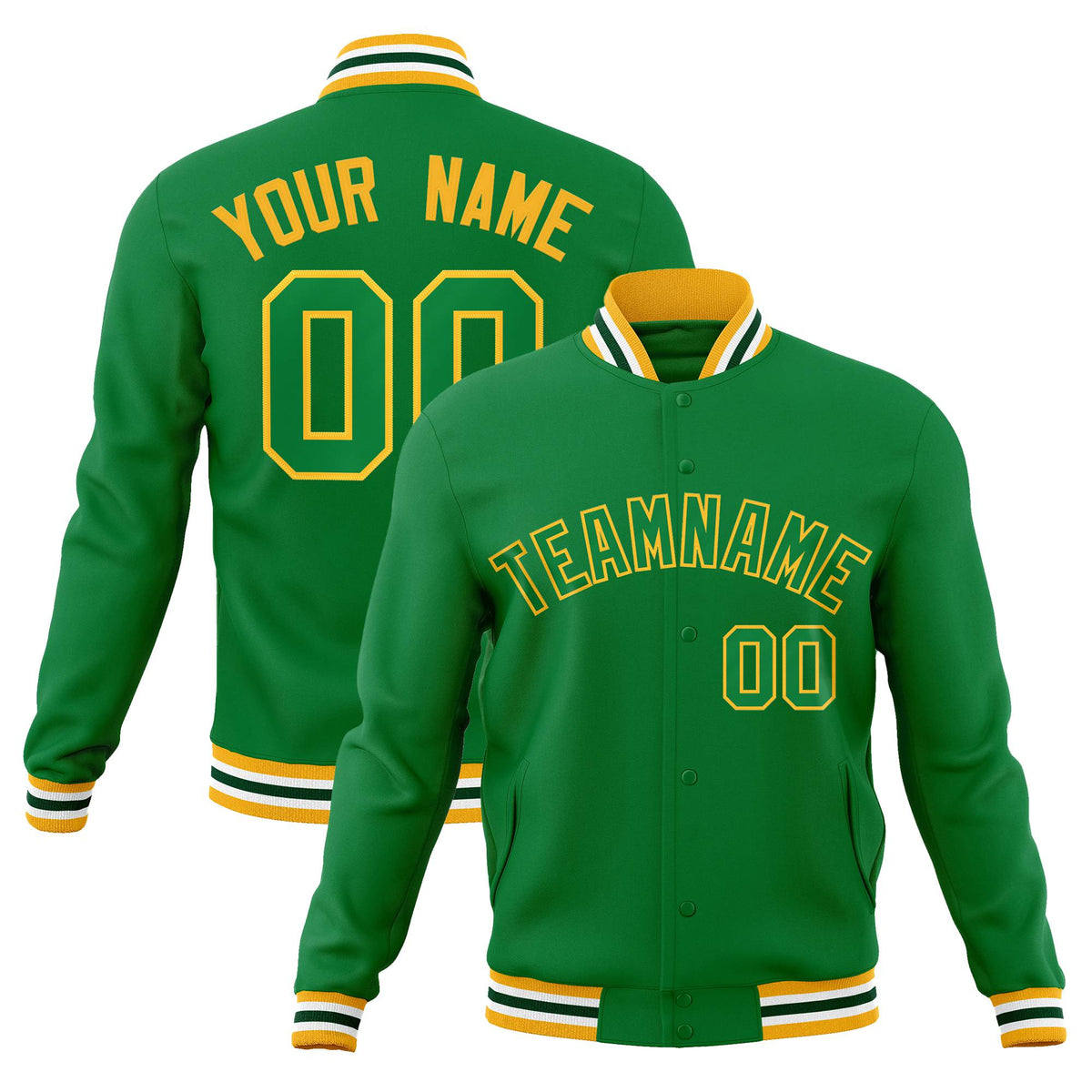 Custom Neon-Green Gold Bomber Full-Snap Varsity Letterman Jacket